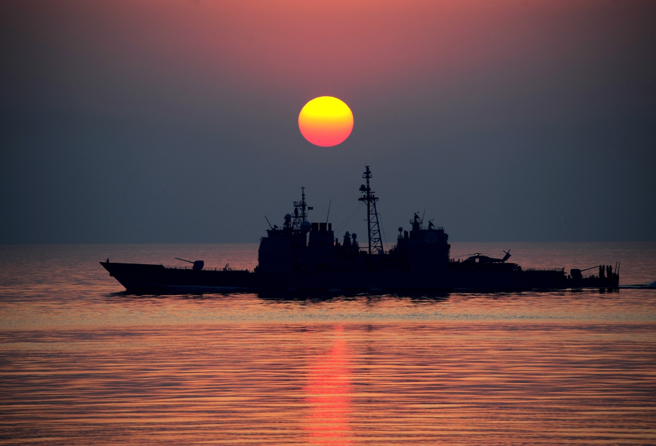 Guided Missile Cruiser Military Navy Ship Silhouette Sunset Uss Mobile Bay Cg 53 United States Navy 2100x1427