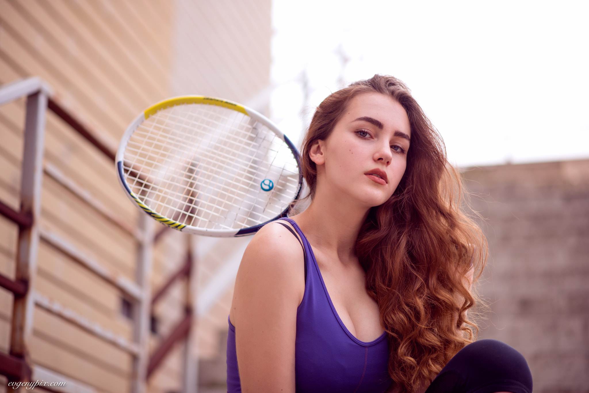 Evgeny Smaltsuga Women Redhead Long Hair Wavy Hair Tennis Rackets Looking At Viewer Sportwear Blue C 2048x1367
