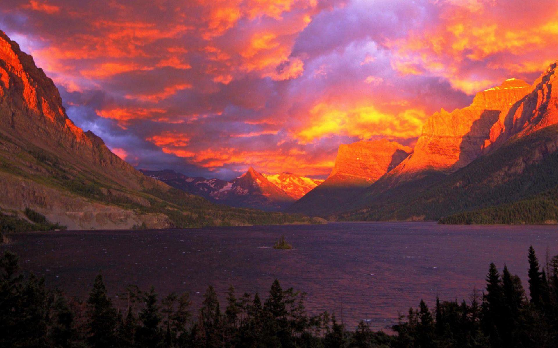 Alberta Canada Cloud Glacier National Park Lake Landscape Mountain Purple Sky Sunset Orange Color 1920x1200