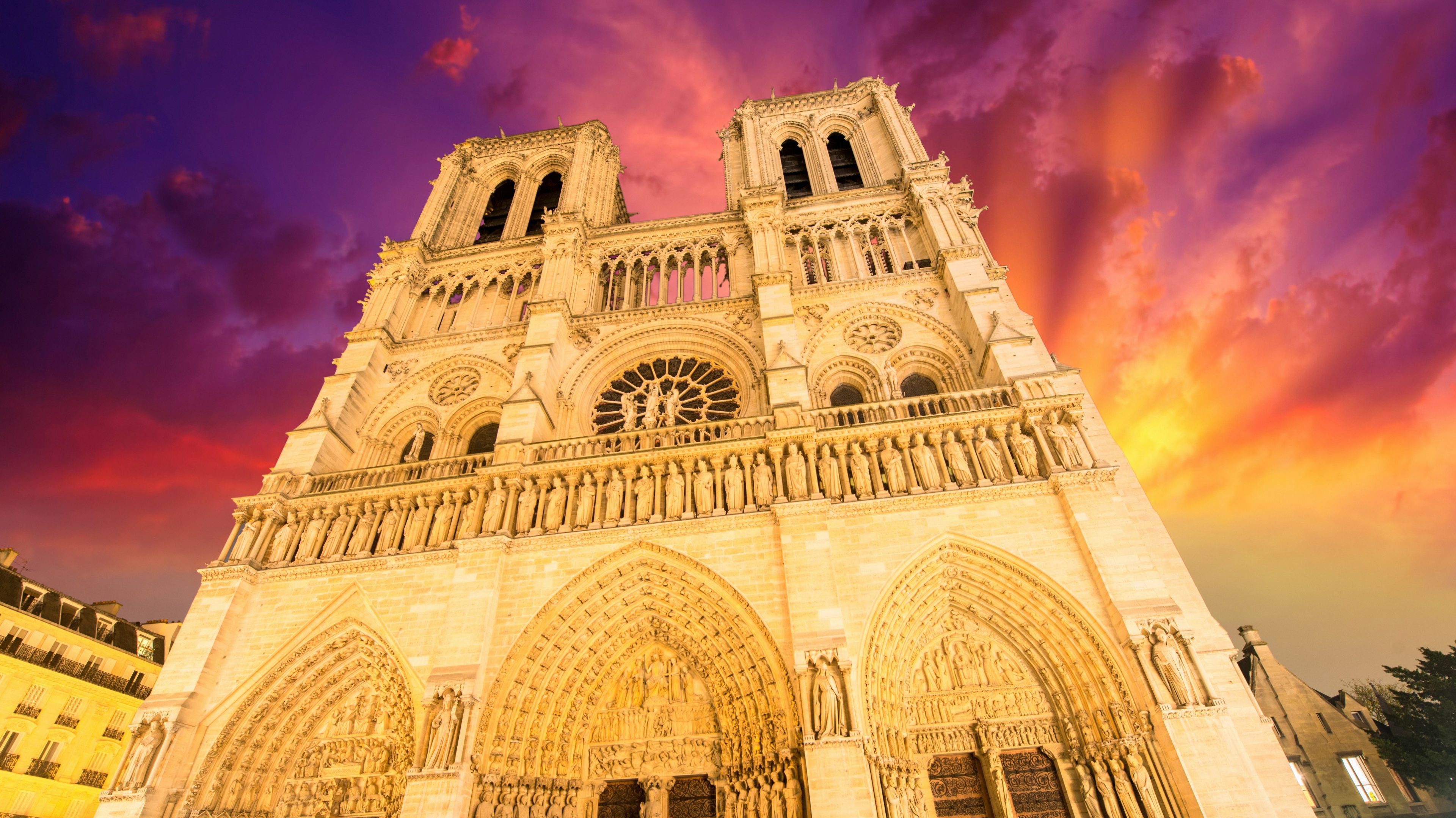 Architecture Cathedral Church Notre Dame De Paris Religious Sky Sunset 3840x2160