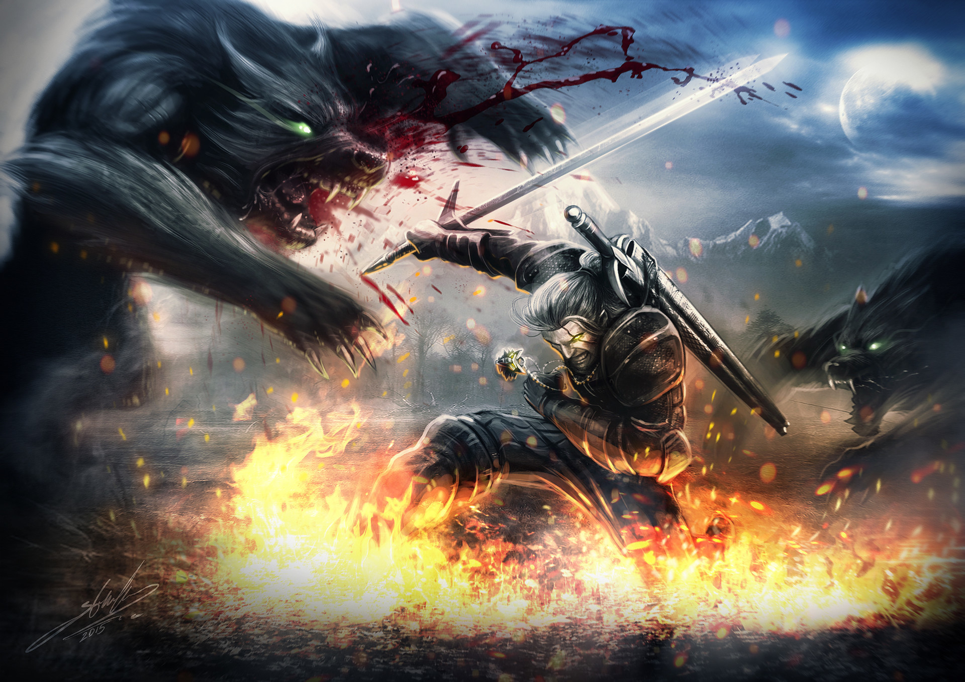 Fire Geralt Of Rivia Magic Sword The Witcher 3 Wild Hunt Warrior Werewolf 1920x1357