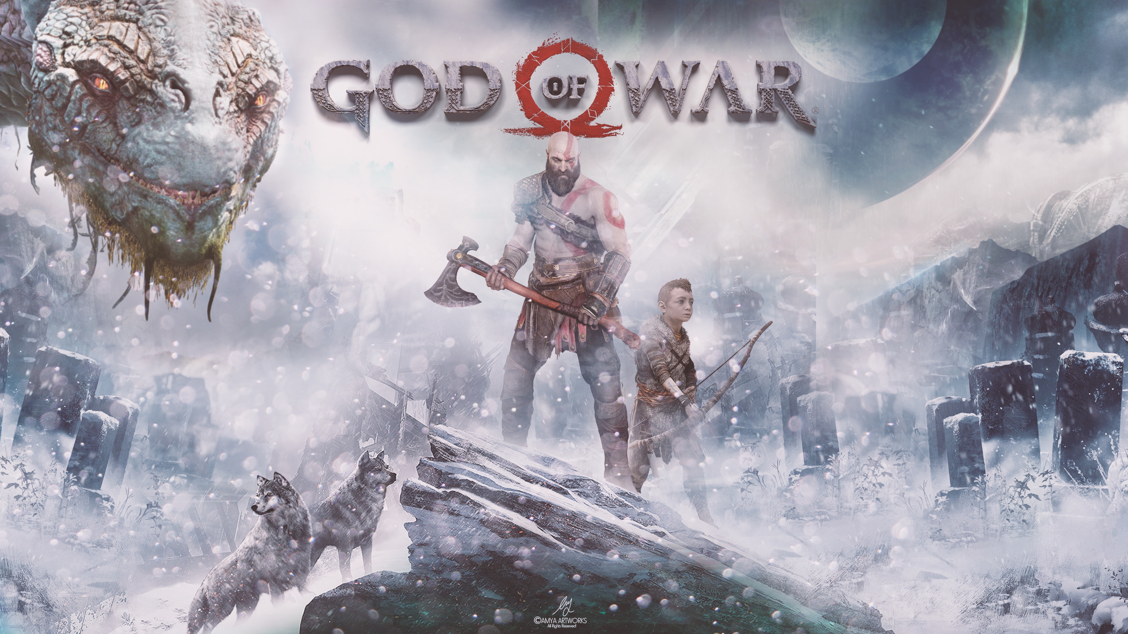 Archer Atreus God Of War Axe Bald God Of War 2018 Kratos God Of War Sea Monster Wolf 3840x2160