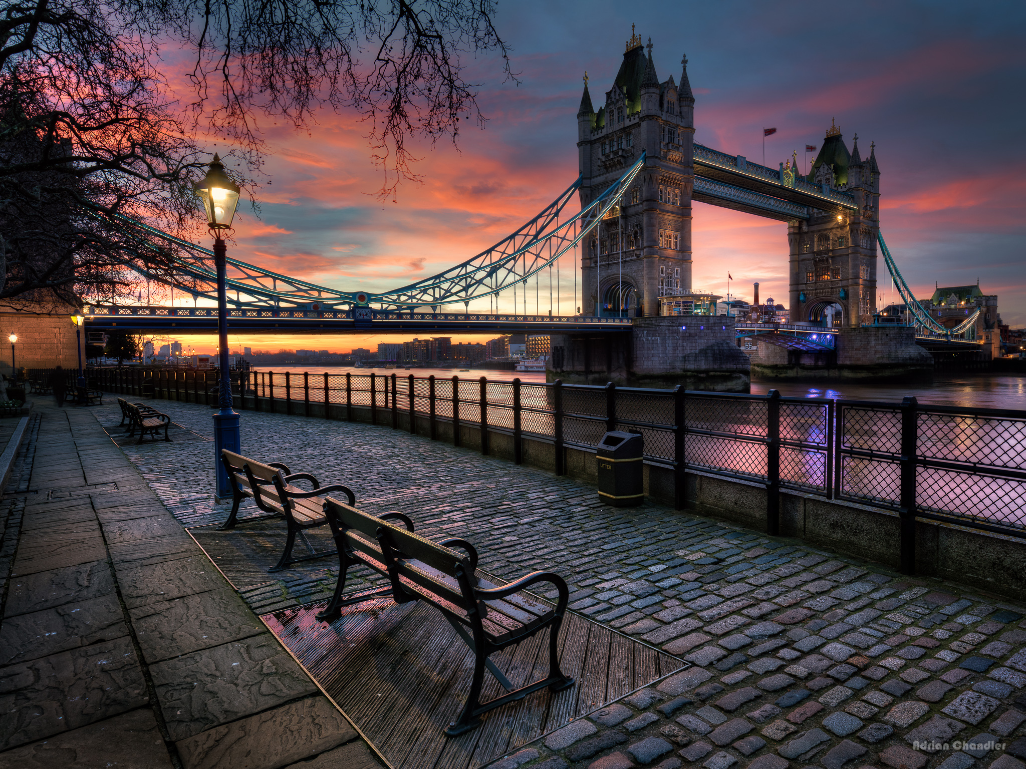 Bench England London Street Sunset Tower Bridge United Kingdom 2048x1536