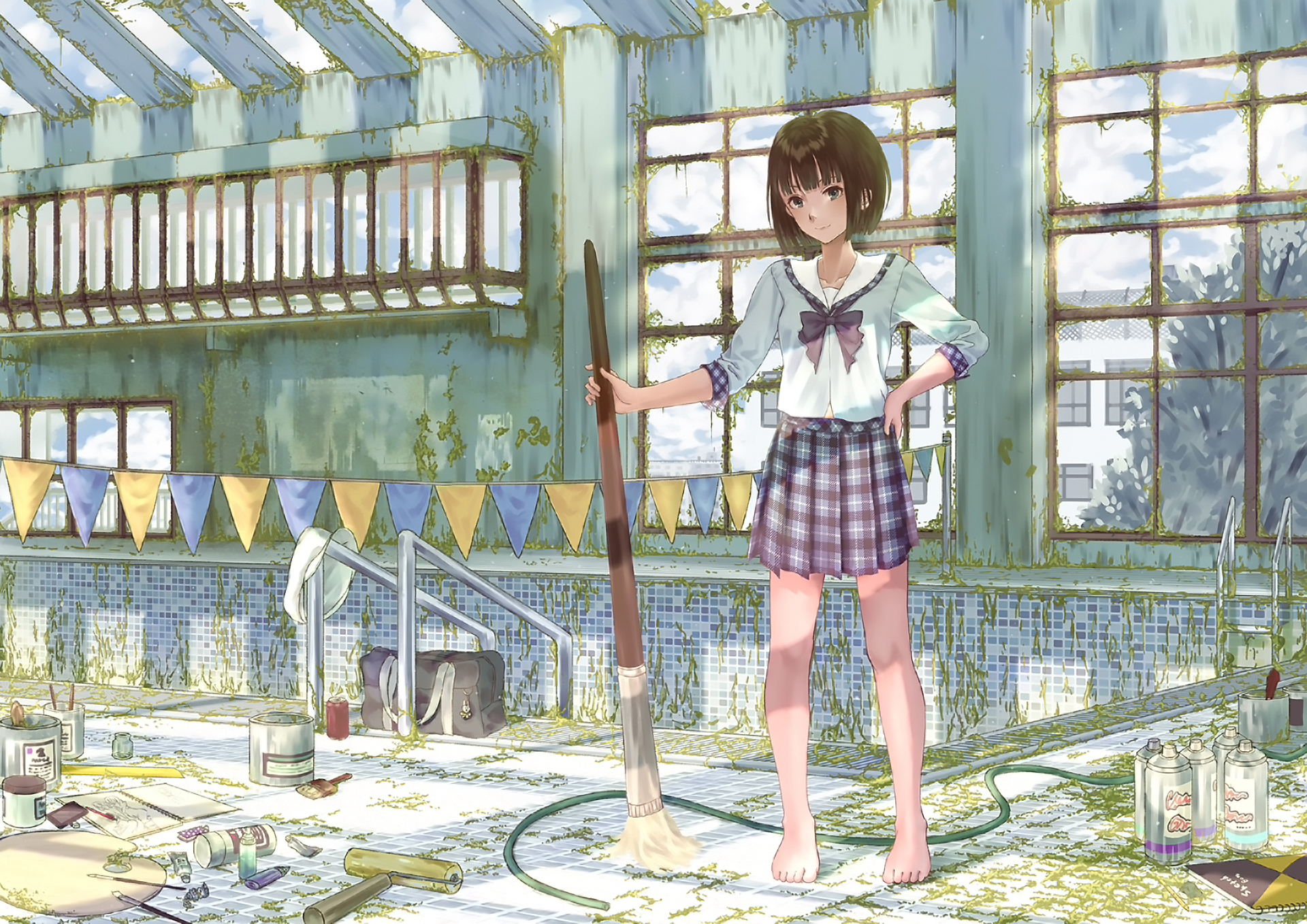 Broom Girl School Uniform Schoolgirl Short Hair 1920x1358