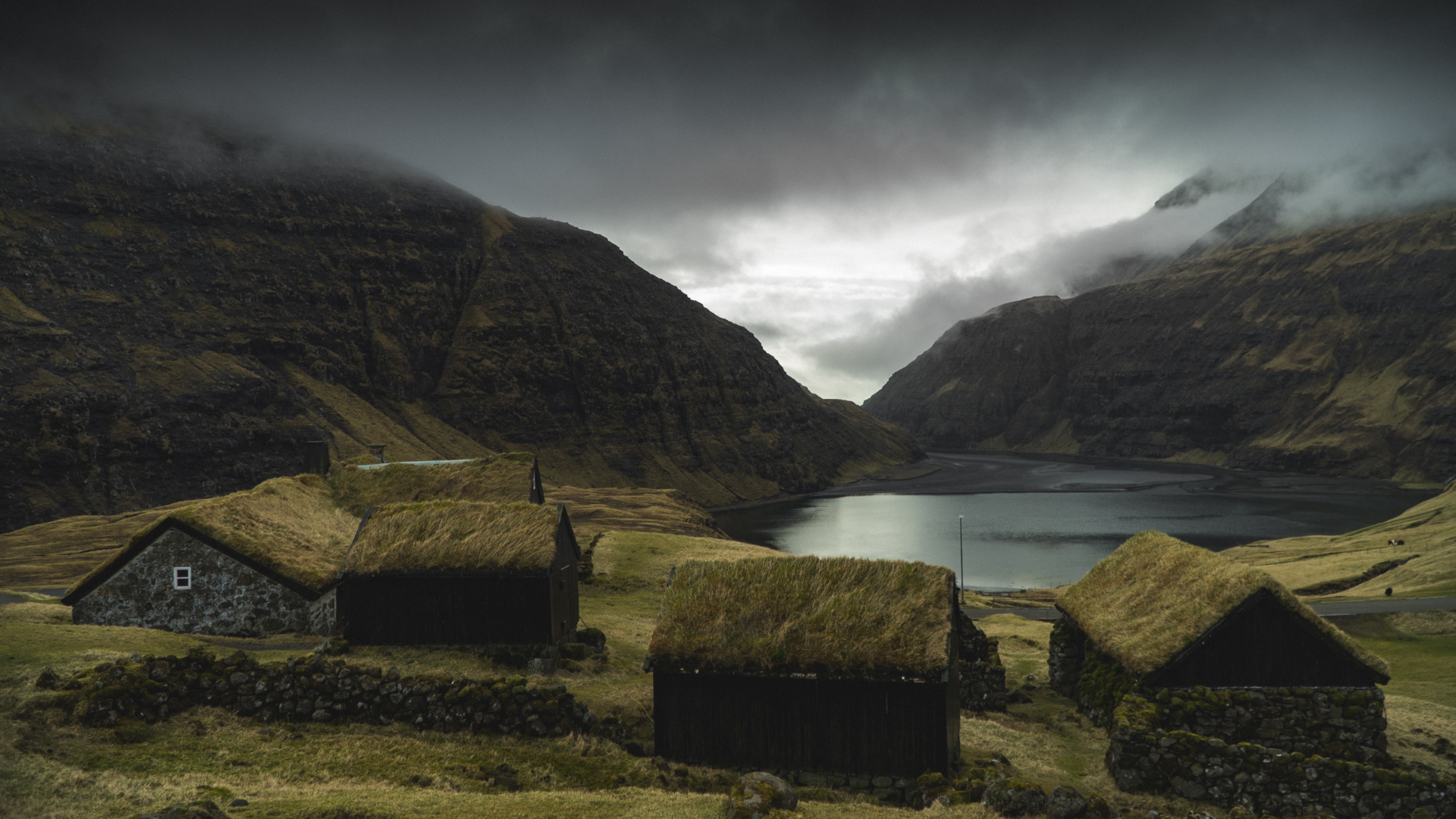 Nature Landscape Mountains House Lake Clouds Grass Rocks Monsoon Faroe Islands 1920x1080
