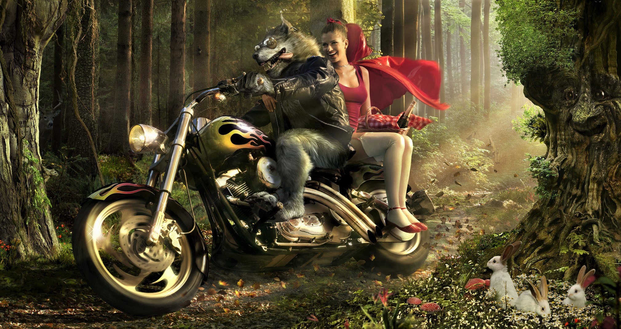 Fantasy Forest Motorcycle Rabbit Red Riding Hood Wolf 2020x1070