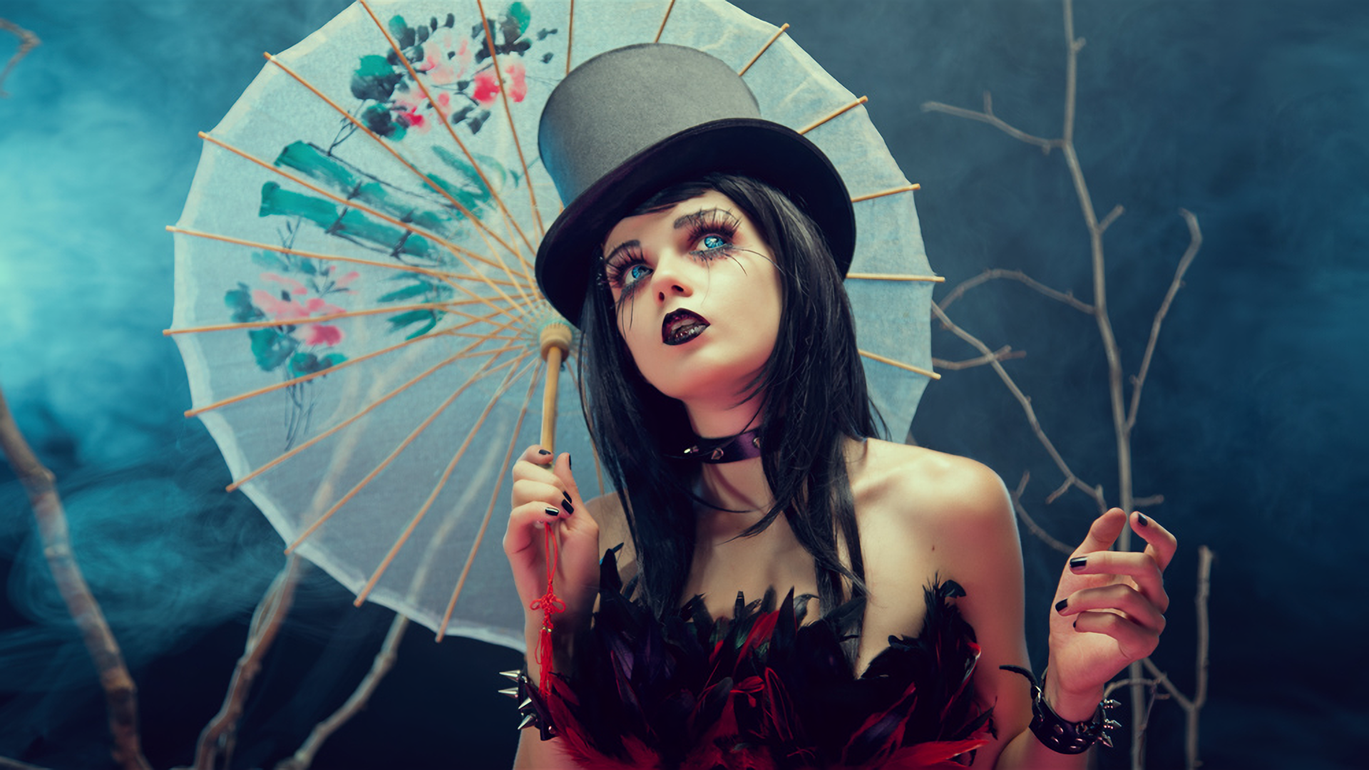 Black Hair Blue Eyes Girl Gothic Lipstick Parasol Top Hat Woman 1920x1080