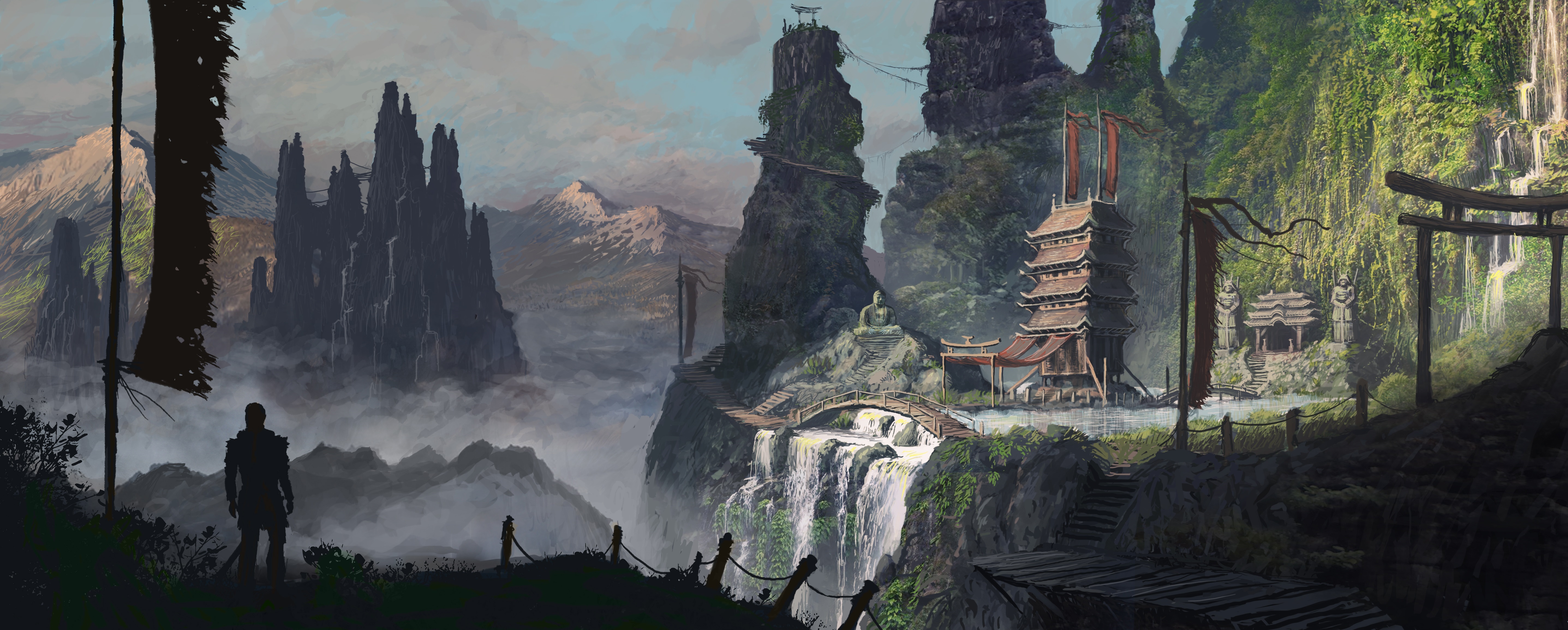 Landscape Mountain Oriental Waterfall 5747x2309