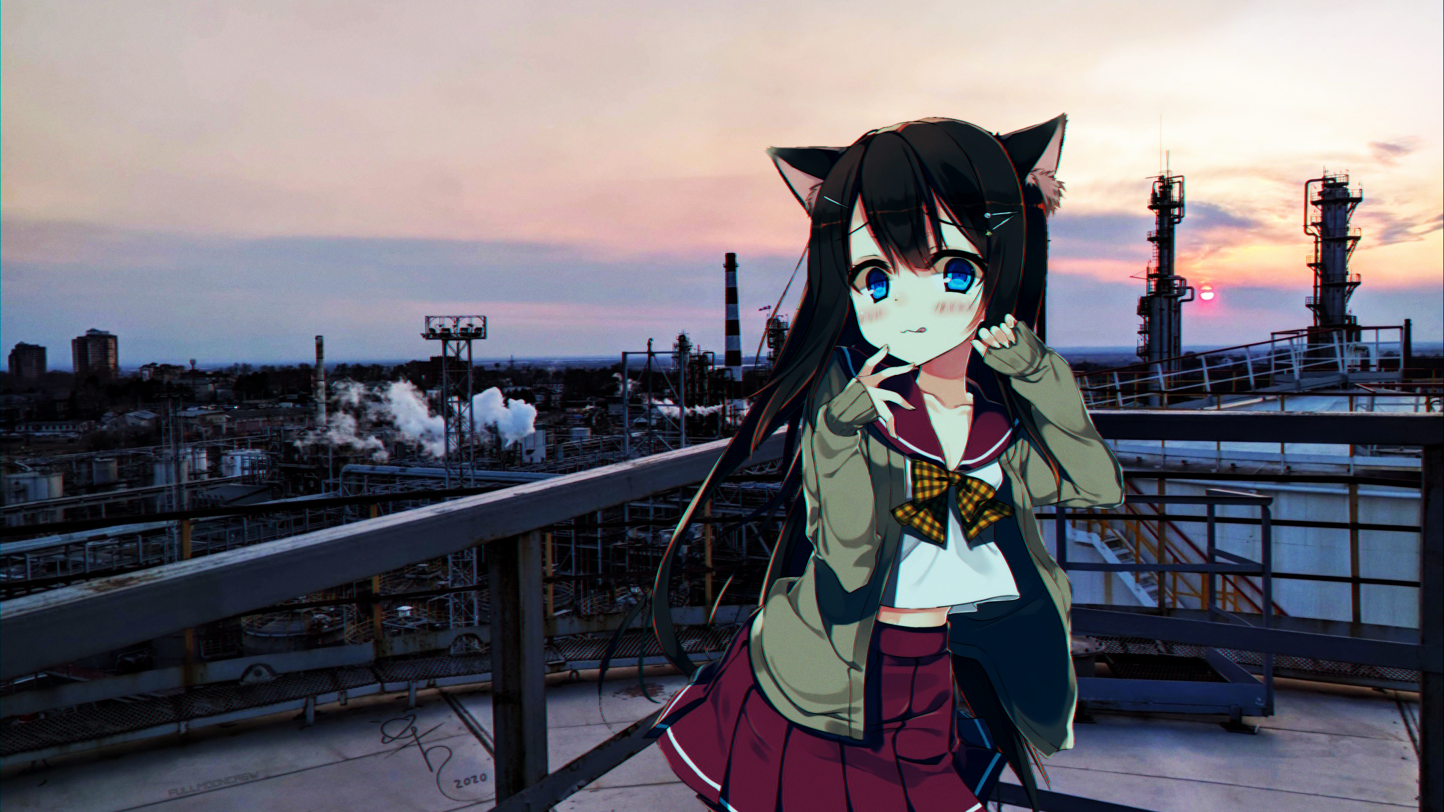 Anime Anime Girls Cat Girl Factory Sunset 2048x1152