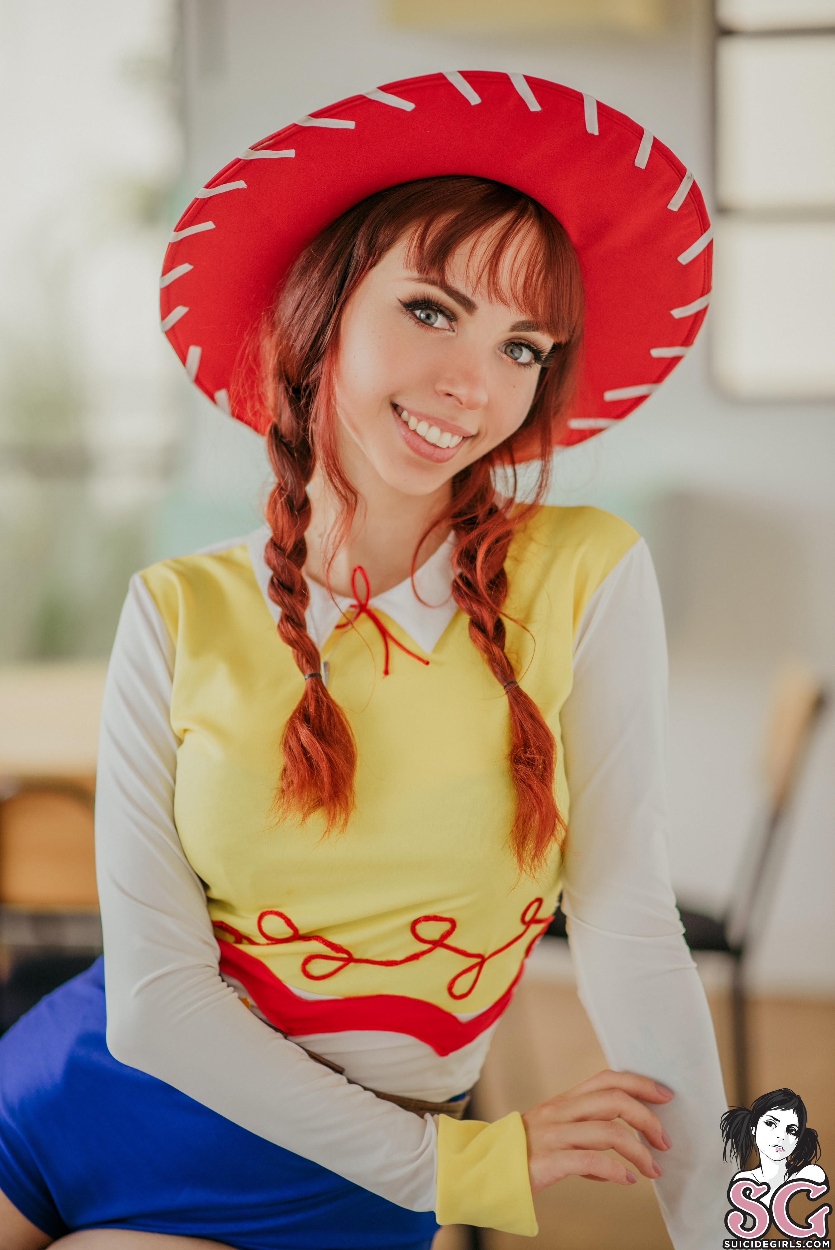 Women Redhead Cosplay Toy Story 2 Women Indoors Blouse Shorts Window Blurred Green Eyes 2681x4016