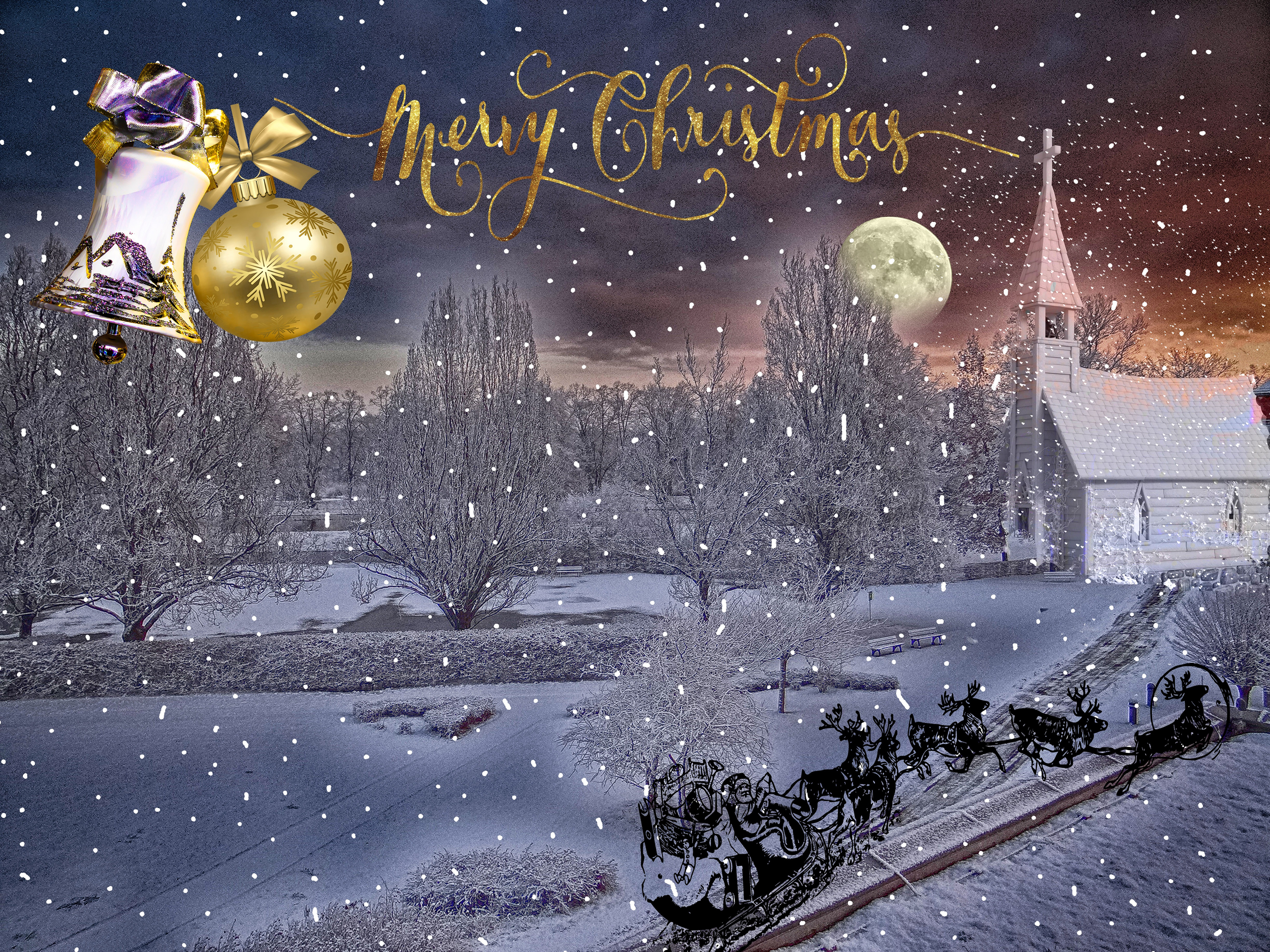 Bauble Bell Christmas Church Merry Christmas Moon Reindeer Sled Snow Winter 3000x2250