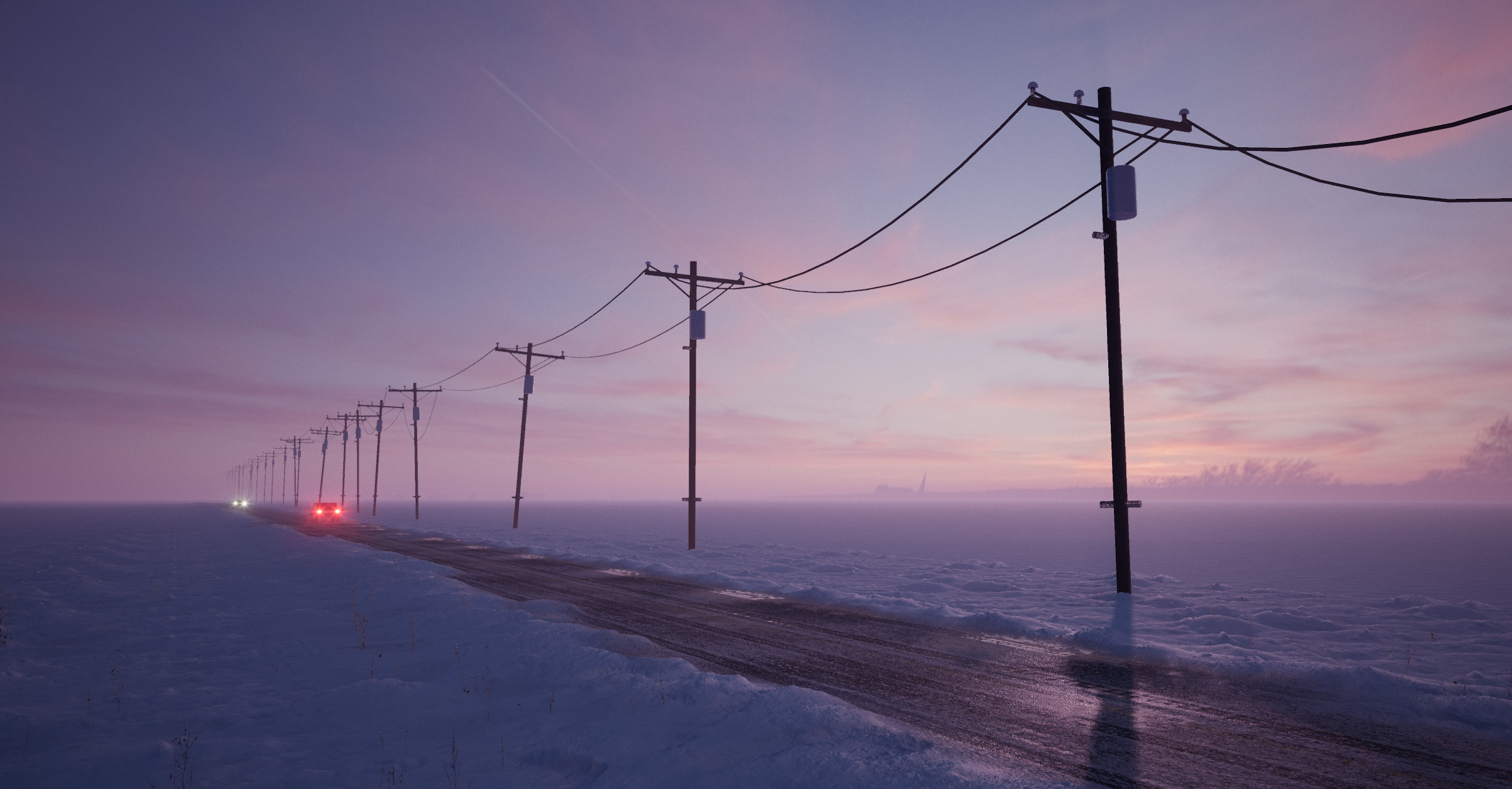 Car Headlights Snow Landscape Nature Artwork Road Snow Covered Power Lines Sky Night Mist Chemtrails 2404x1254