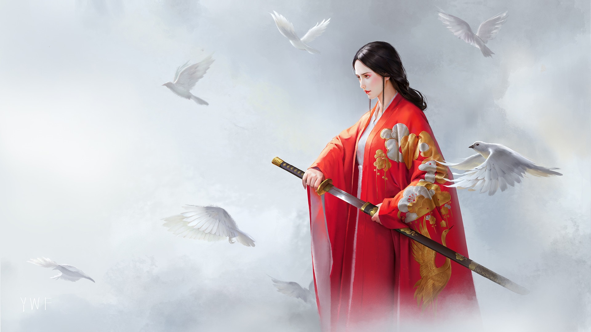 Bird Black Hair Dove Girl Katana Kimono Oriental Sword Woman Warrior 1920x1080