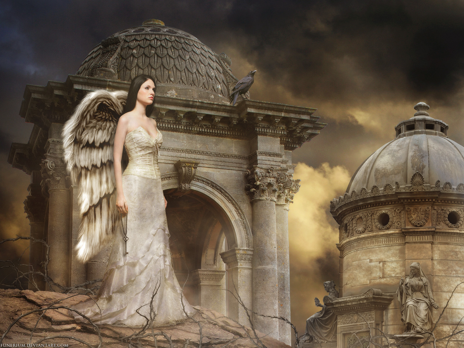 Angel Cemetery Fantasy Girl White Dress Wings Woman 1600x1200