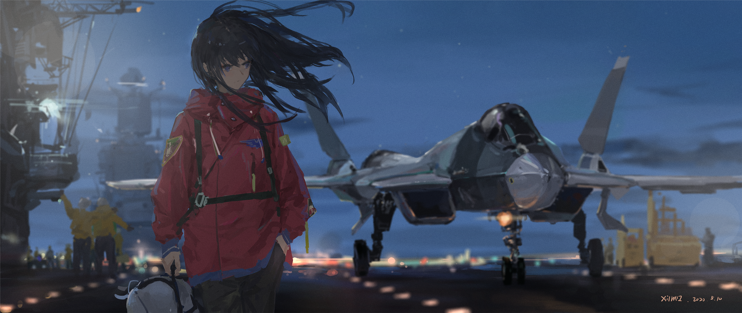 XilmO Anime Anime Girls Artwork Sukhoi Su 57 Military Aircraft Night Long Hair Black Hair 2534x1071