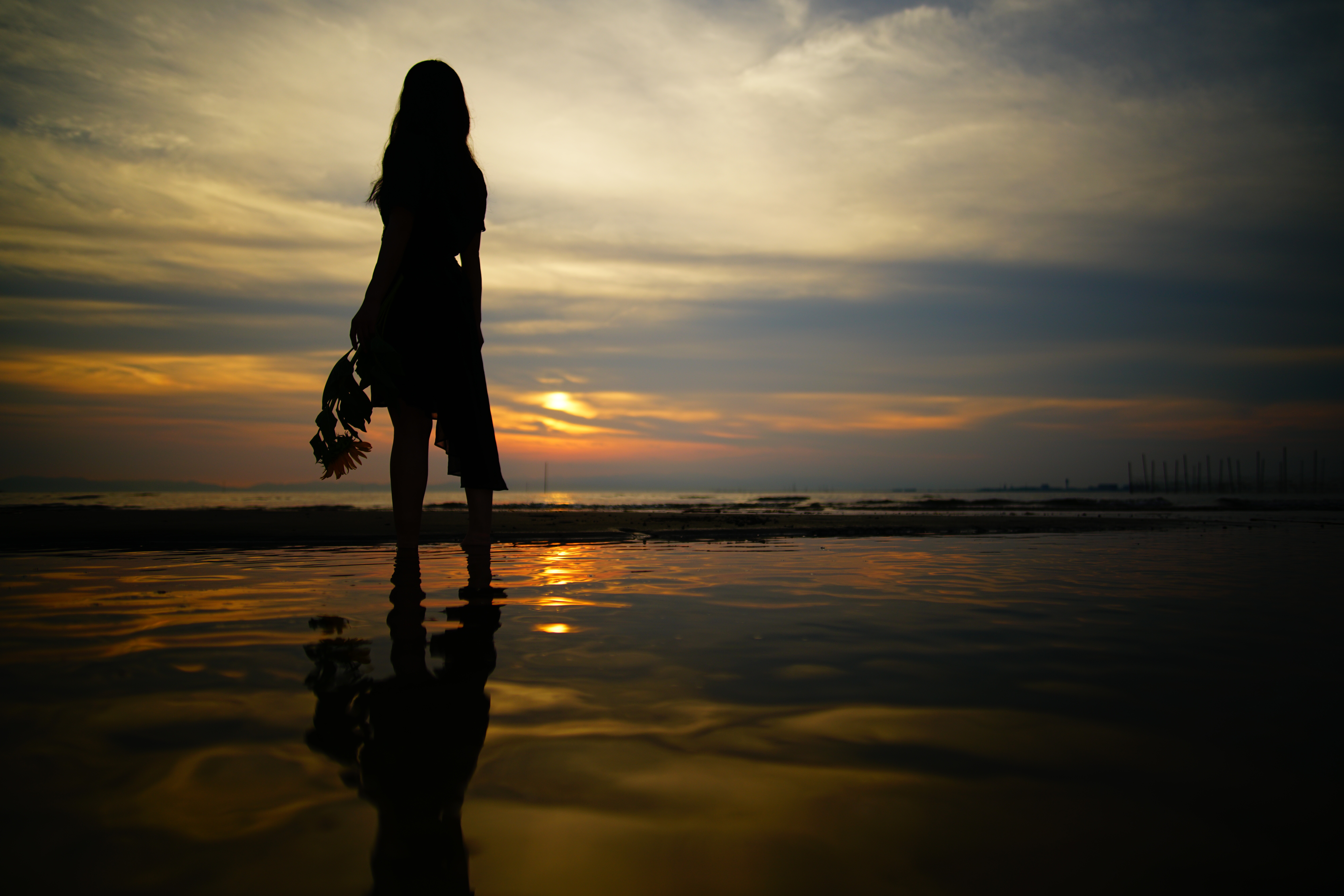 Girl Rear Reflection Silhouette Sunset Woman 7952x5304