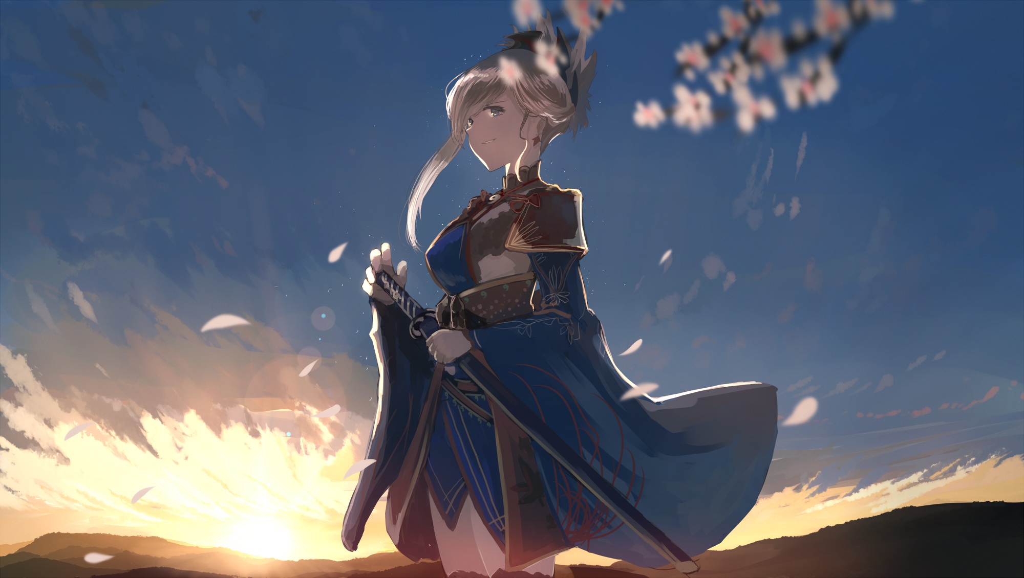 Blue Eyes Dress Fate Grand Order Girl Long Hair Miyamoto Musashi Ponytail Smile Sunset Sword Weapon  2000x1130