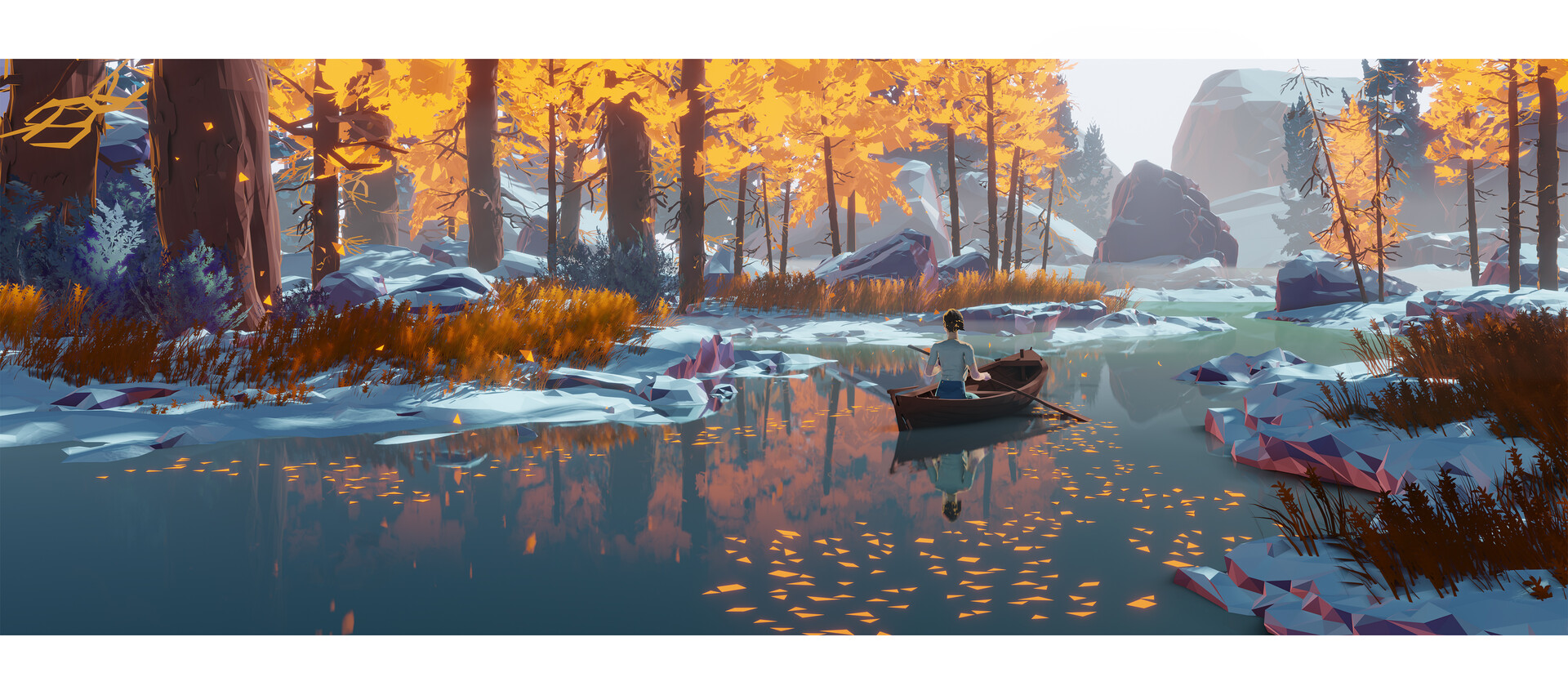 Digital Art Concept Art Illustration Forest Fall Snow Water Reflection Robin Tran Artwork 1920x851