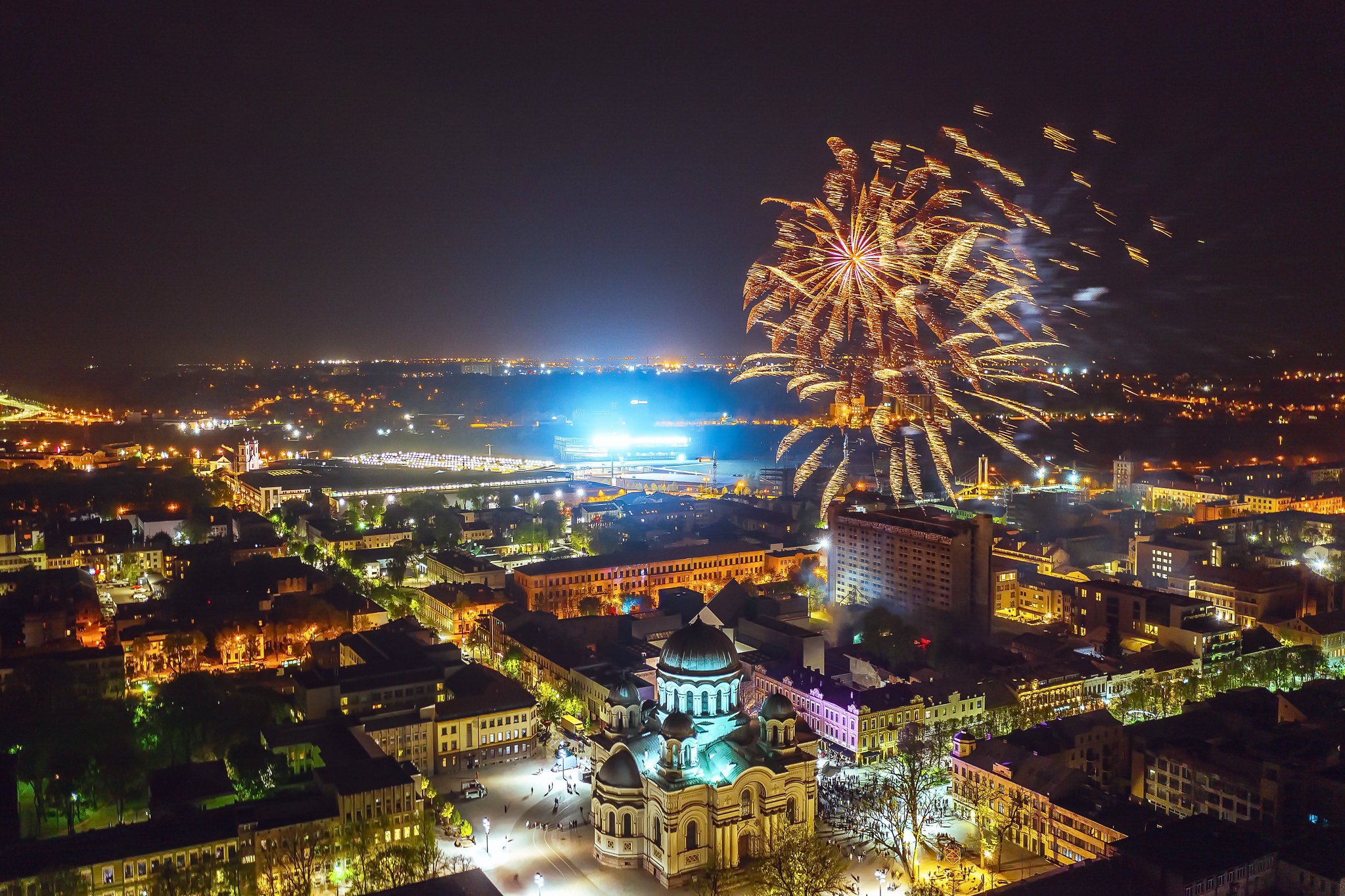 Building City Fireworks Kaunas Lithuania Night 2047x1364