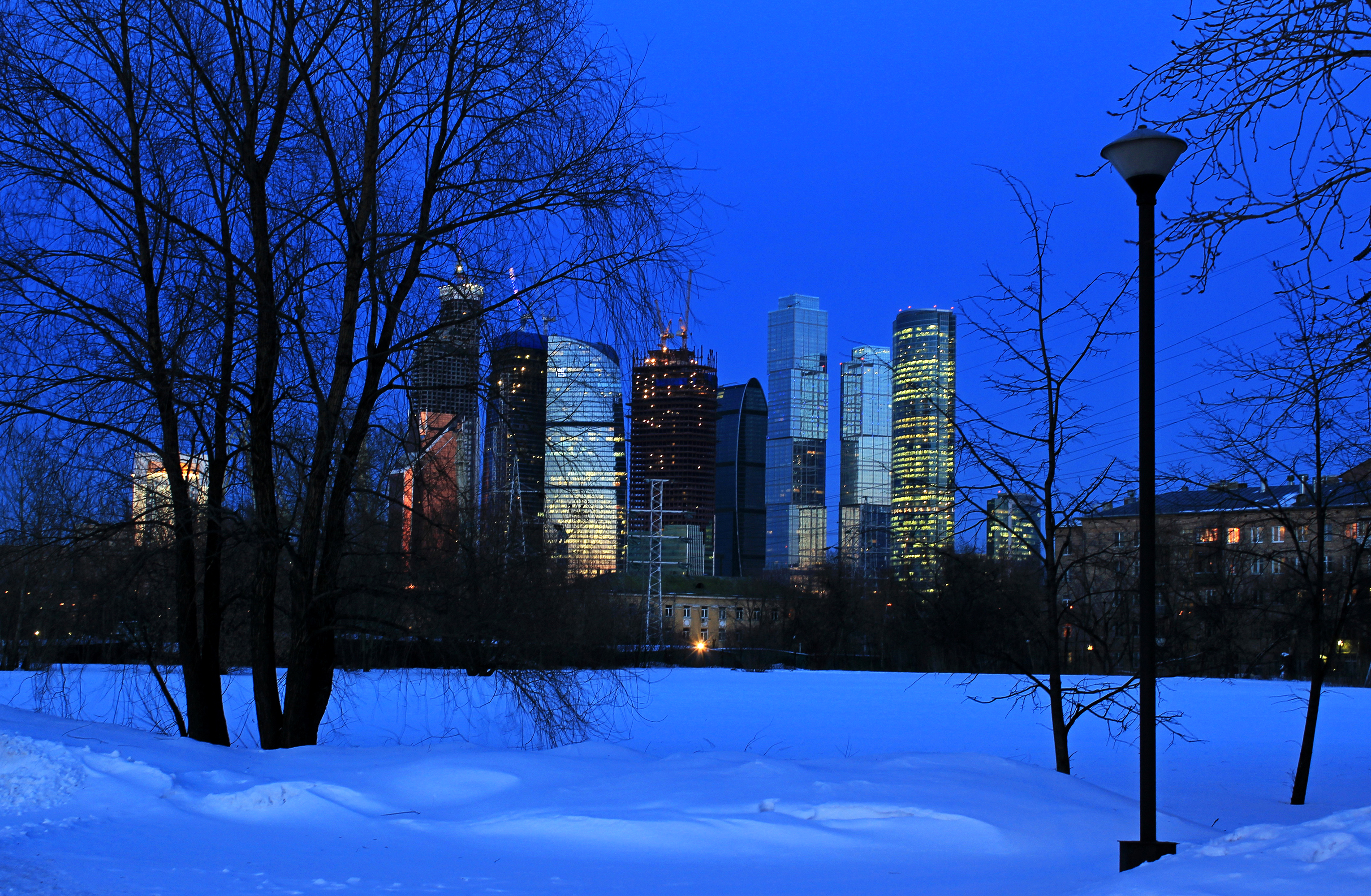 City Light Moscow Night Russia Skyscraper Snow Tree Winter 3060x2000