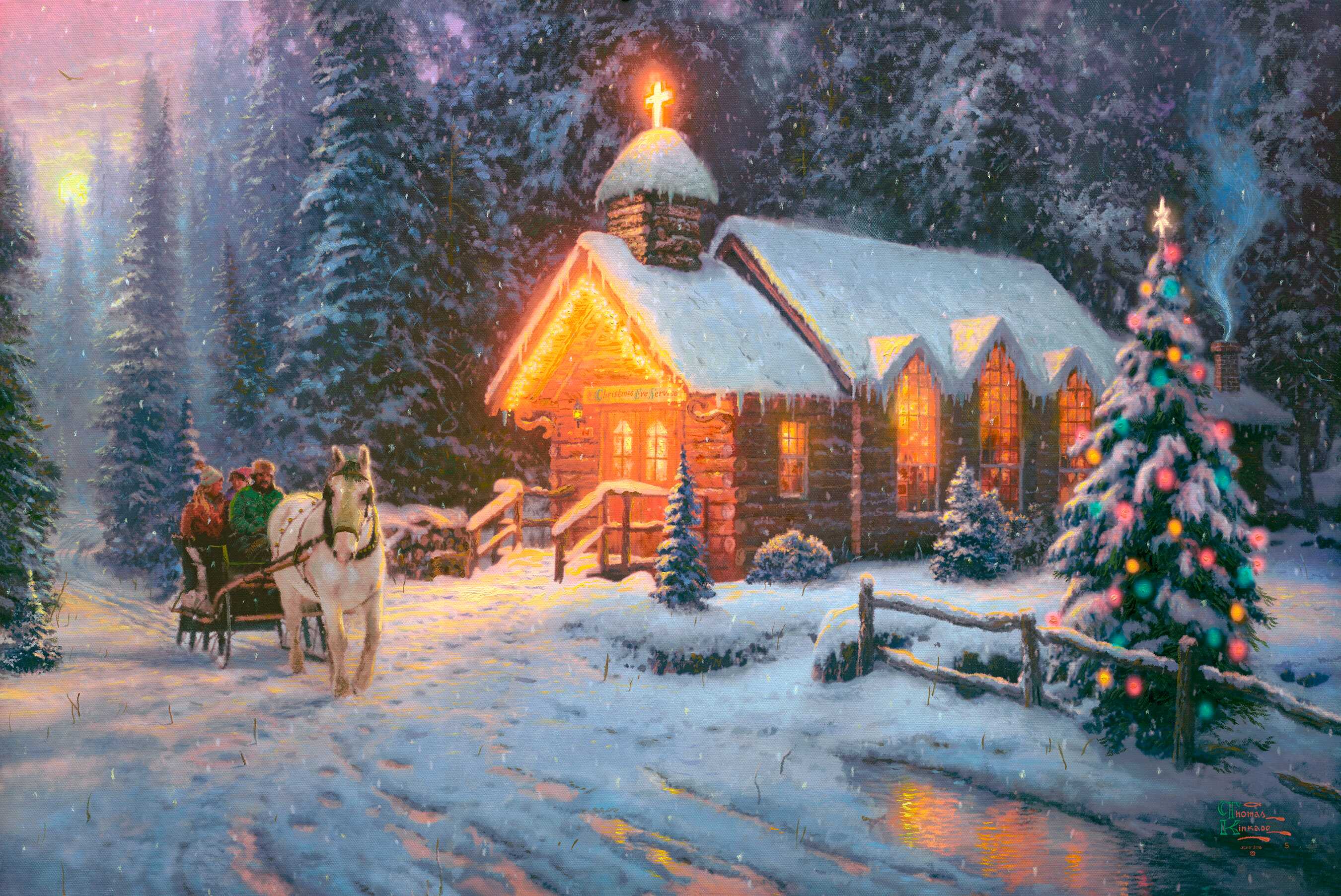 Artistic Christmas Tree Church Horse Drawn Vehicle Painting Snow Winter 2700x1805
