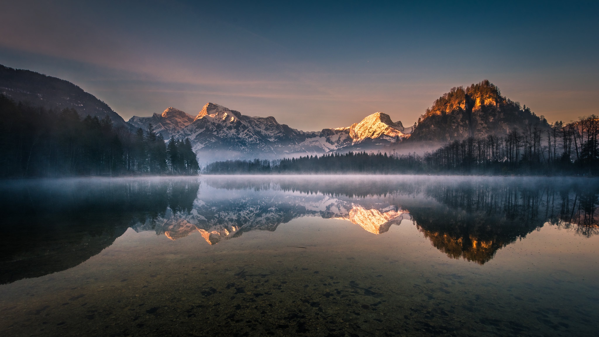 Austria Dawn Lake Mountain Nature Reflection Sky 2048x1152