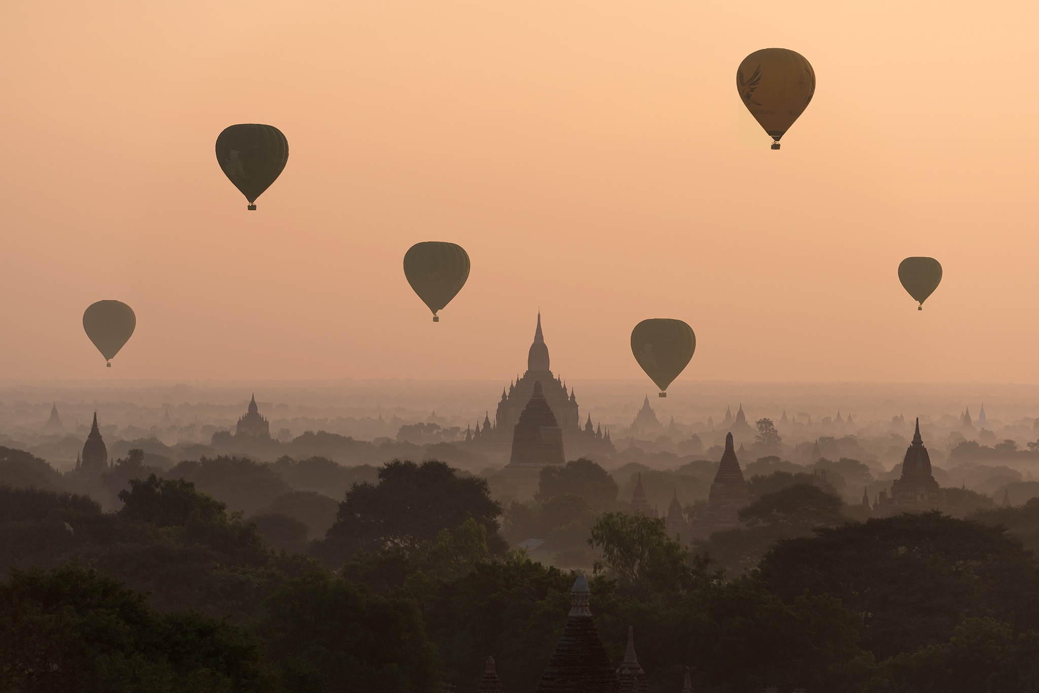 Bagan Fog Horizon Hot Air Balloon Landscape 2048x1367