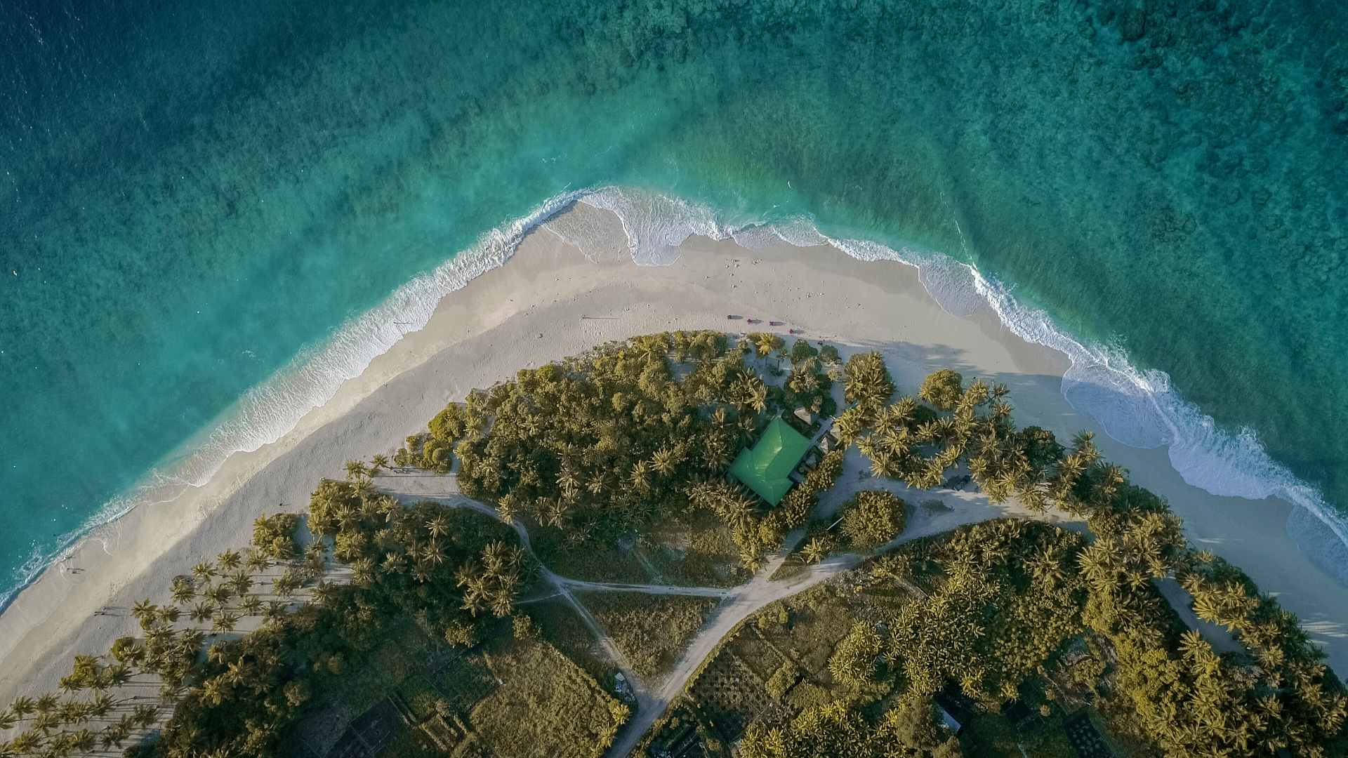 Beach Trees House Water Sea Waves Grass Clear Water Dirt Road Aerial Drone Photo Maldives 1920x1080