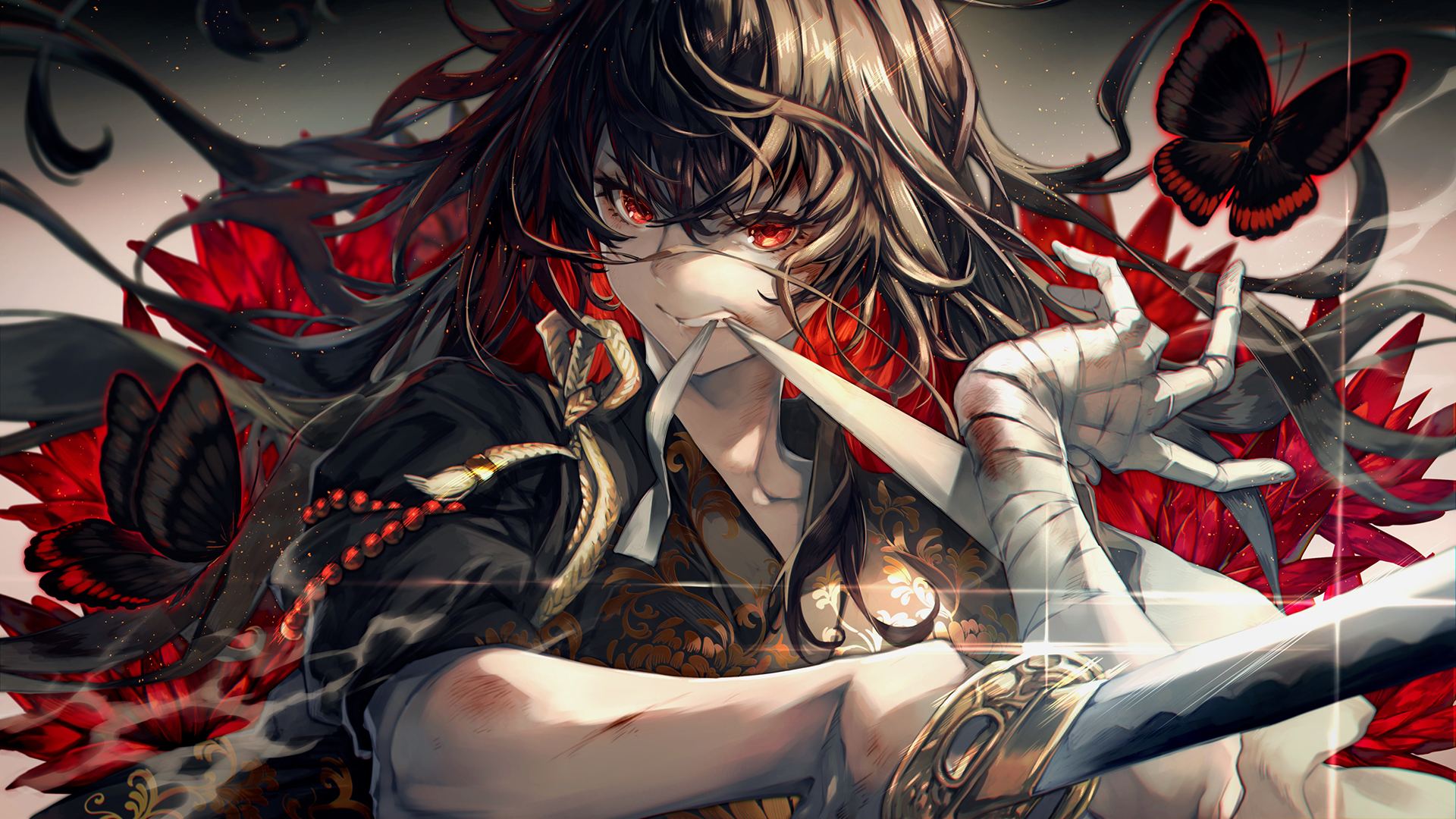 Long Hair Red Eyes Sword Black Hair Red Flowers Red Leaves Bandage Butterfly Anime 1920x1080
