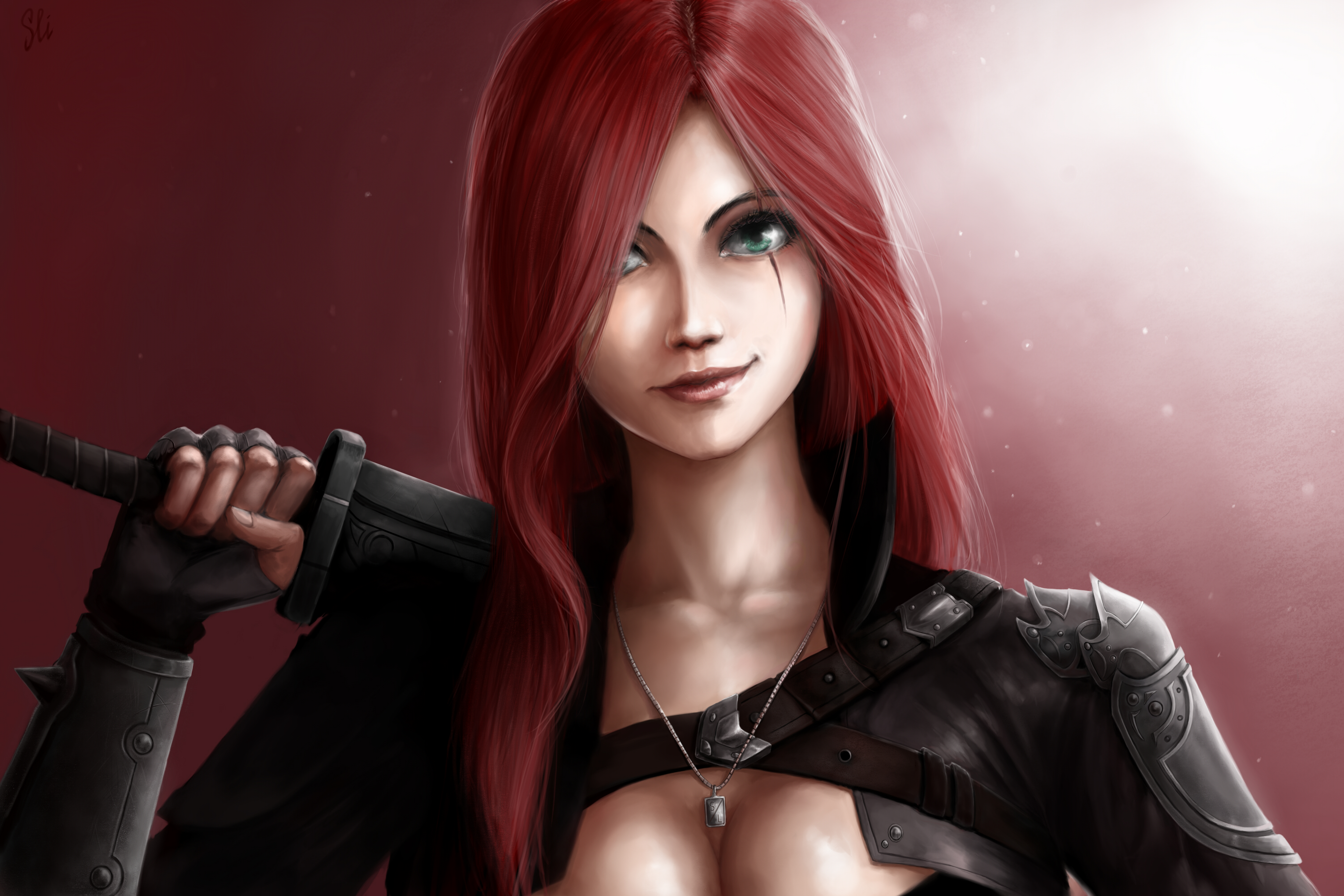 Green Eyes Katarina League Of Legends League Of Legends Red Hair Scar Sword Video Game 3000x2000