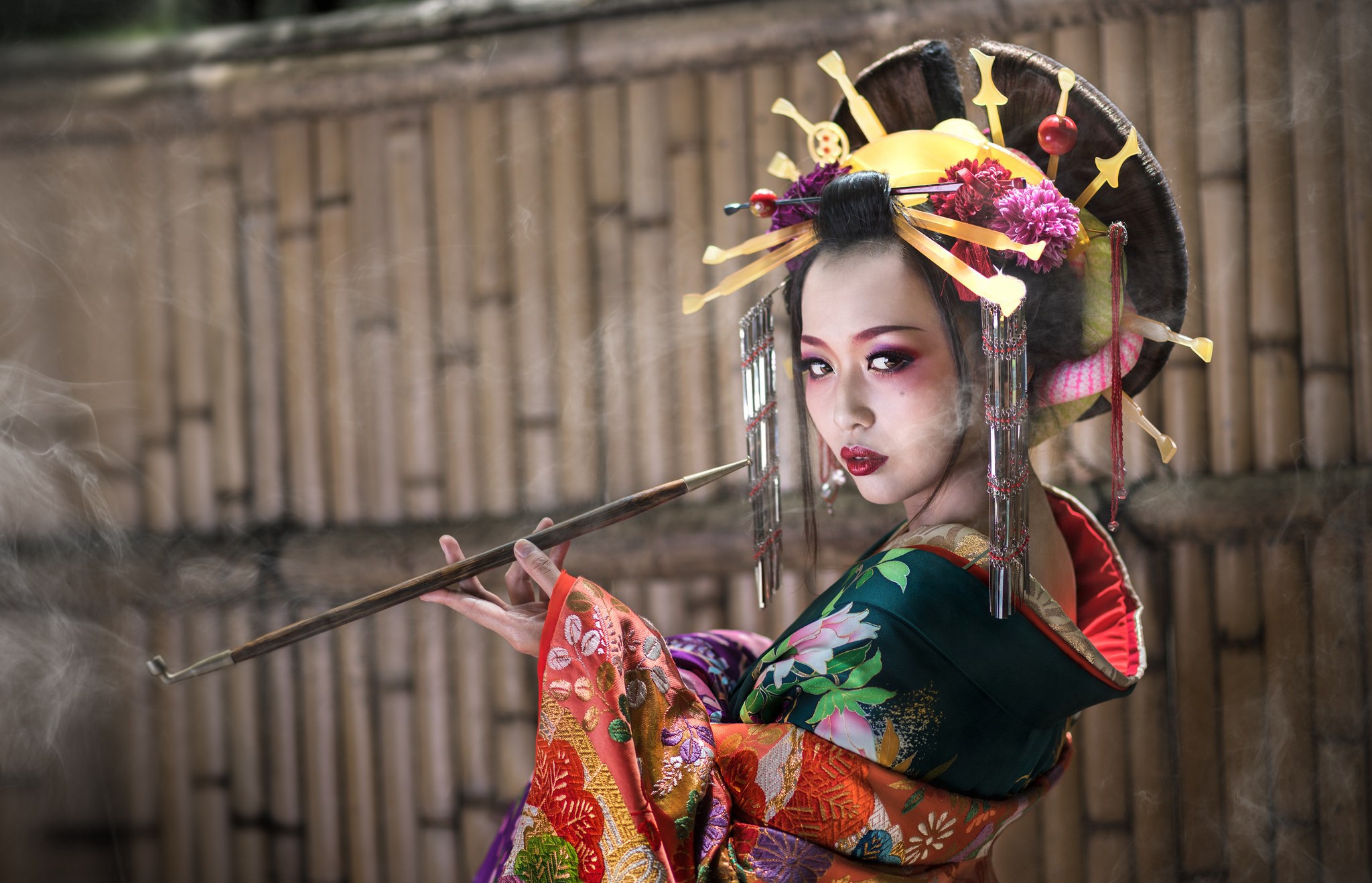 Asian Brown Eyes Brunette Girl Headband Lipstick Makeup Model Traditional Costume Woman 2048x1318