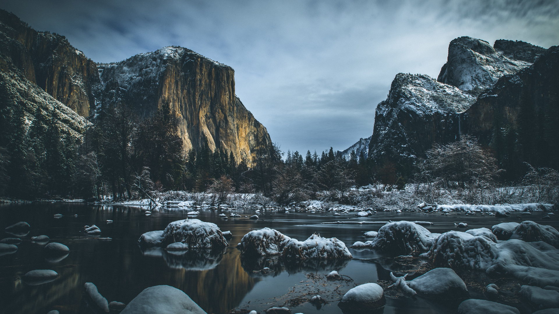 Nature Landscape Clouds Winter Mountains Rocks Water Snow Trees Plants Yosemite Valley USA 1920x1080