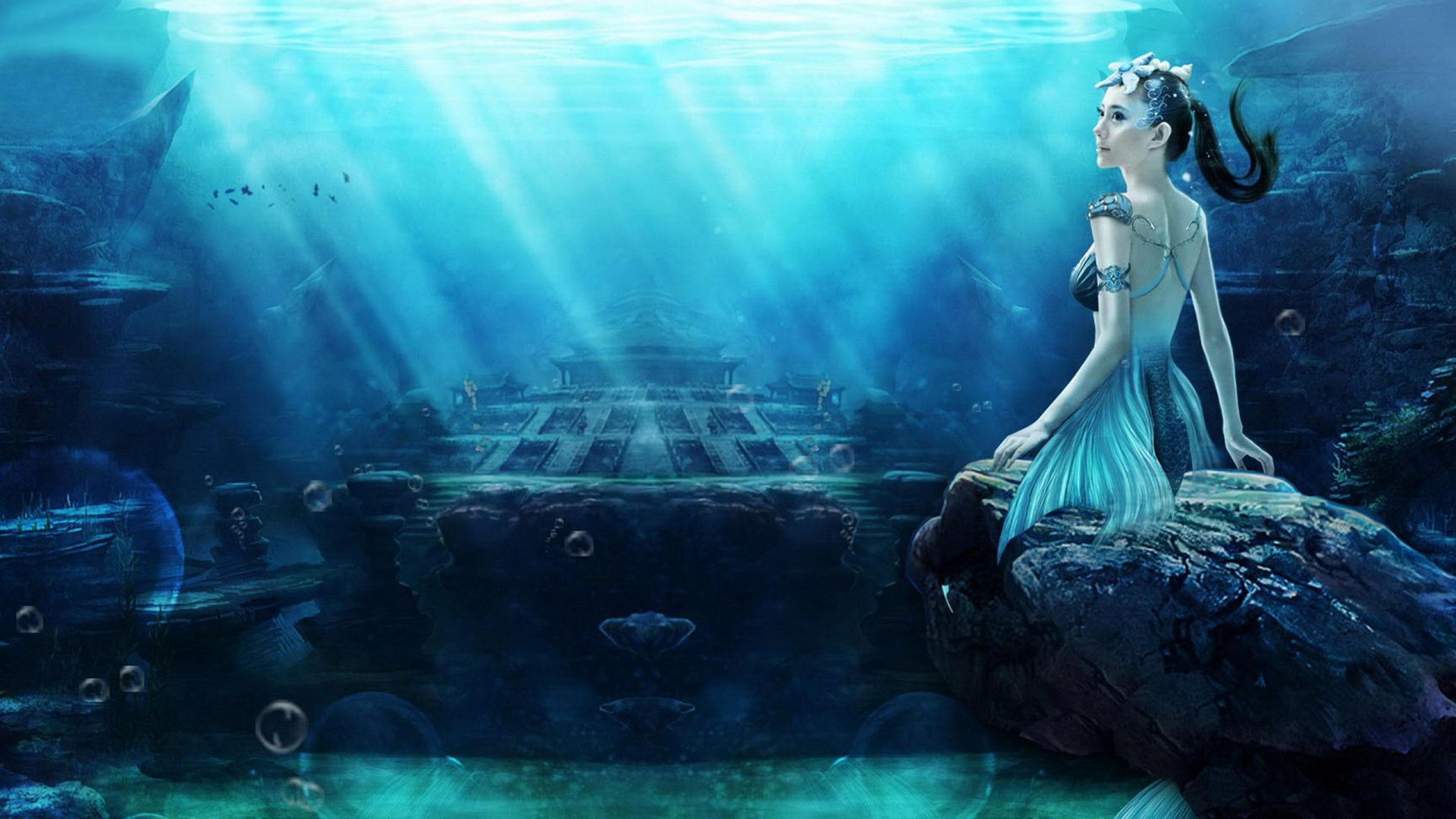 Blue Dress Bubble Rock Ship Sunlight Underwater Water 1920x1080
