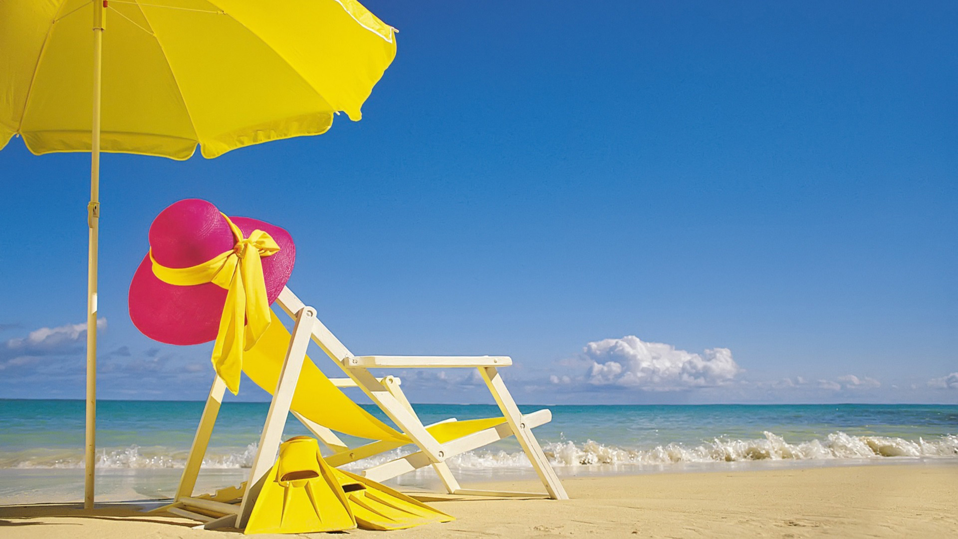 Beach Chair Flippers Hat Horizon Summer Umbrella Yellow 1920x1080