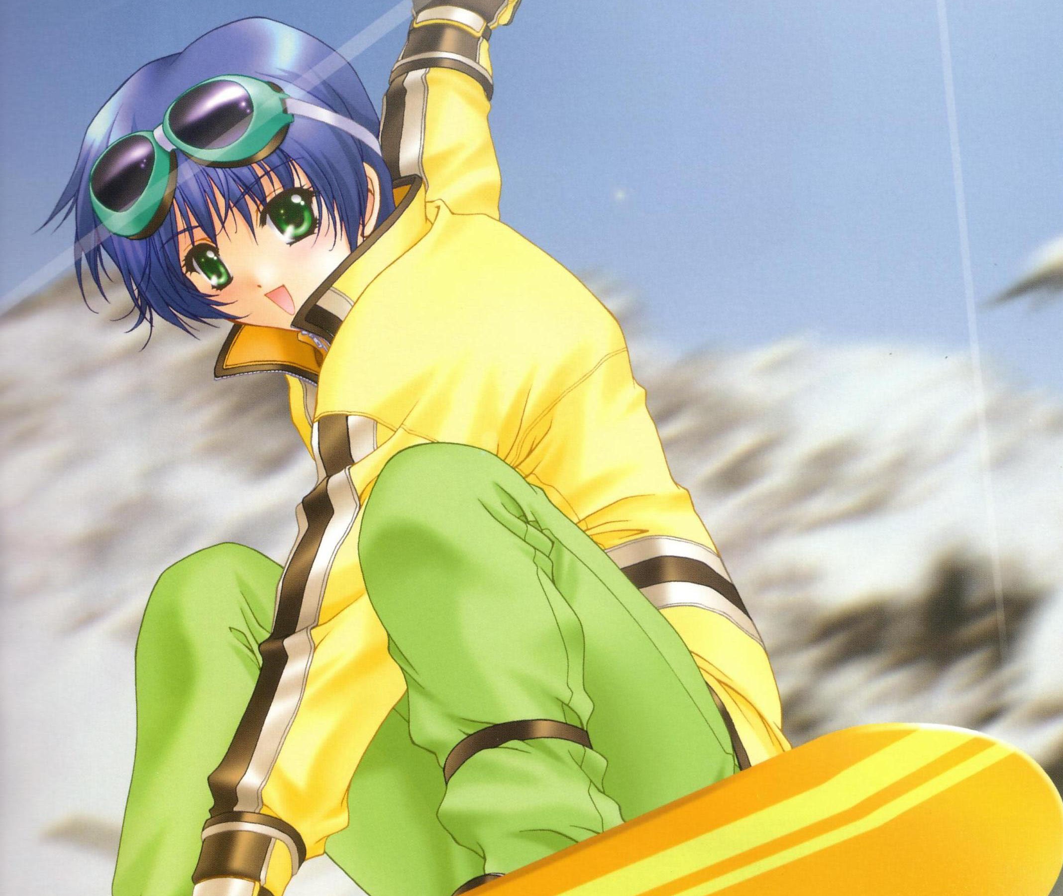 Blue Hair Blush Goggles Green Eyes Short Hair Smile Snowboard 2136x1800