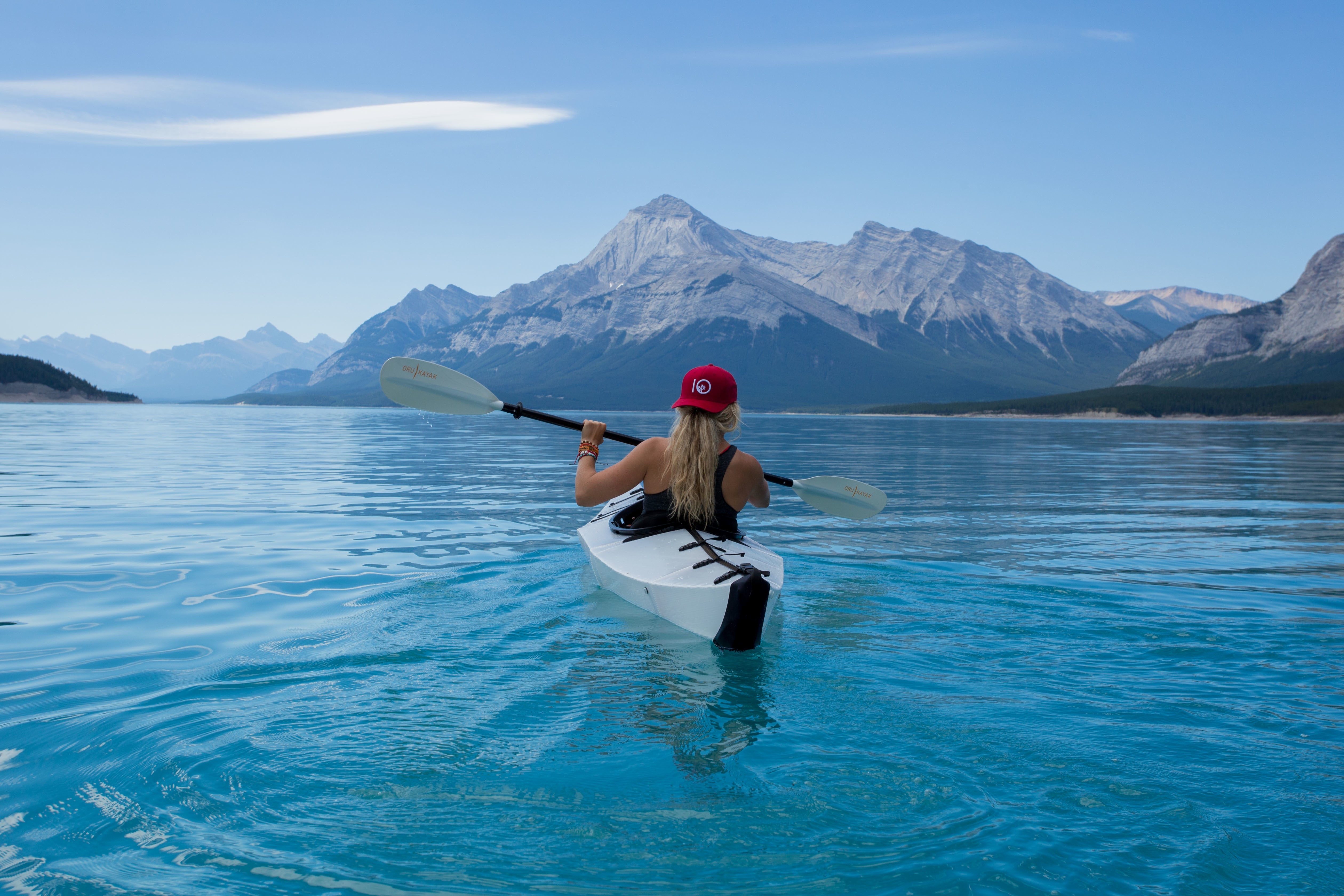Blonde Canoe Hat Kayak Lake Mountain Woman 5039x3359