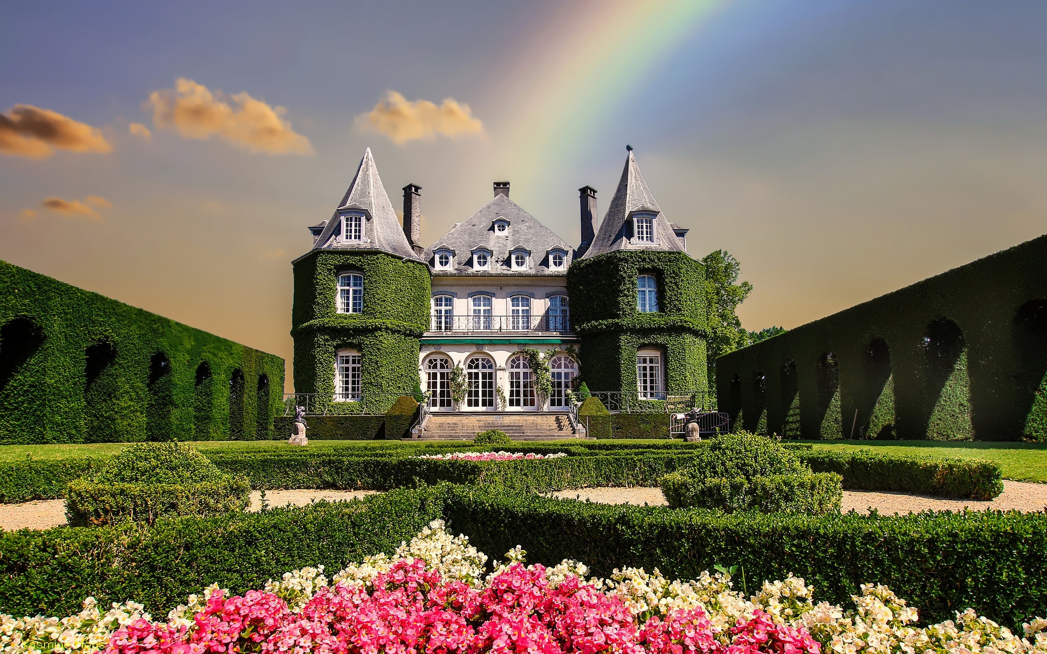 Belgium Building Castle Flower Garden Park Rainbow 2048x1280