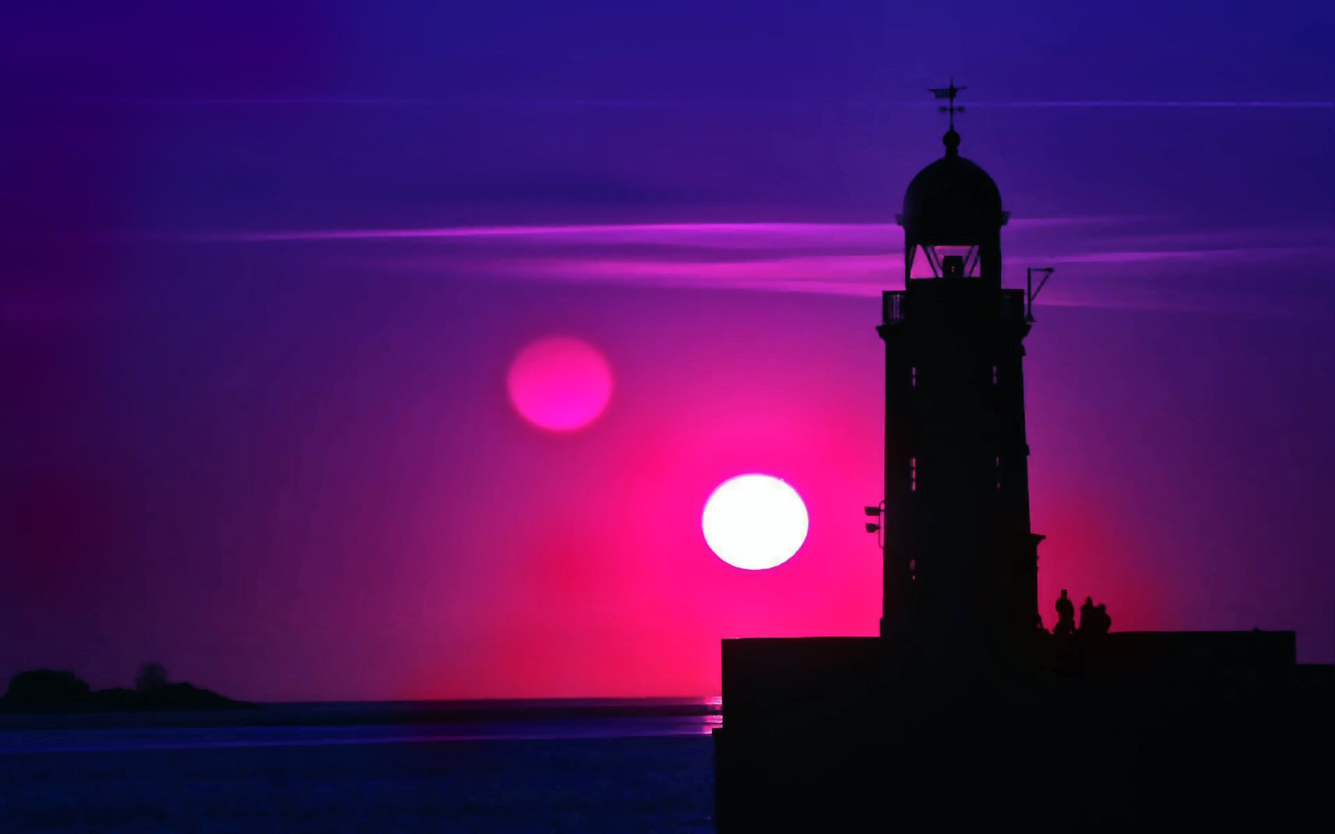 Blue Horizon Lighthouse Magenta Sea Sky Sun Sunset 1920x1200