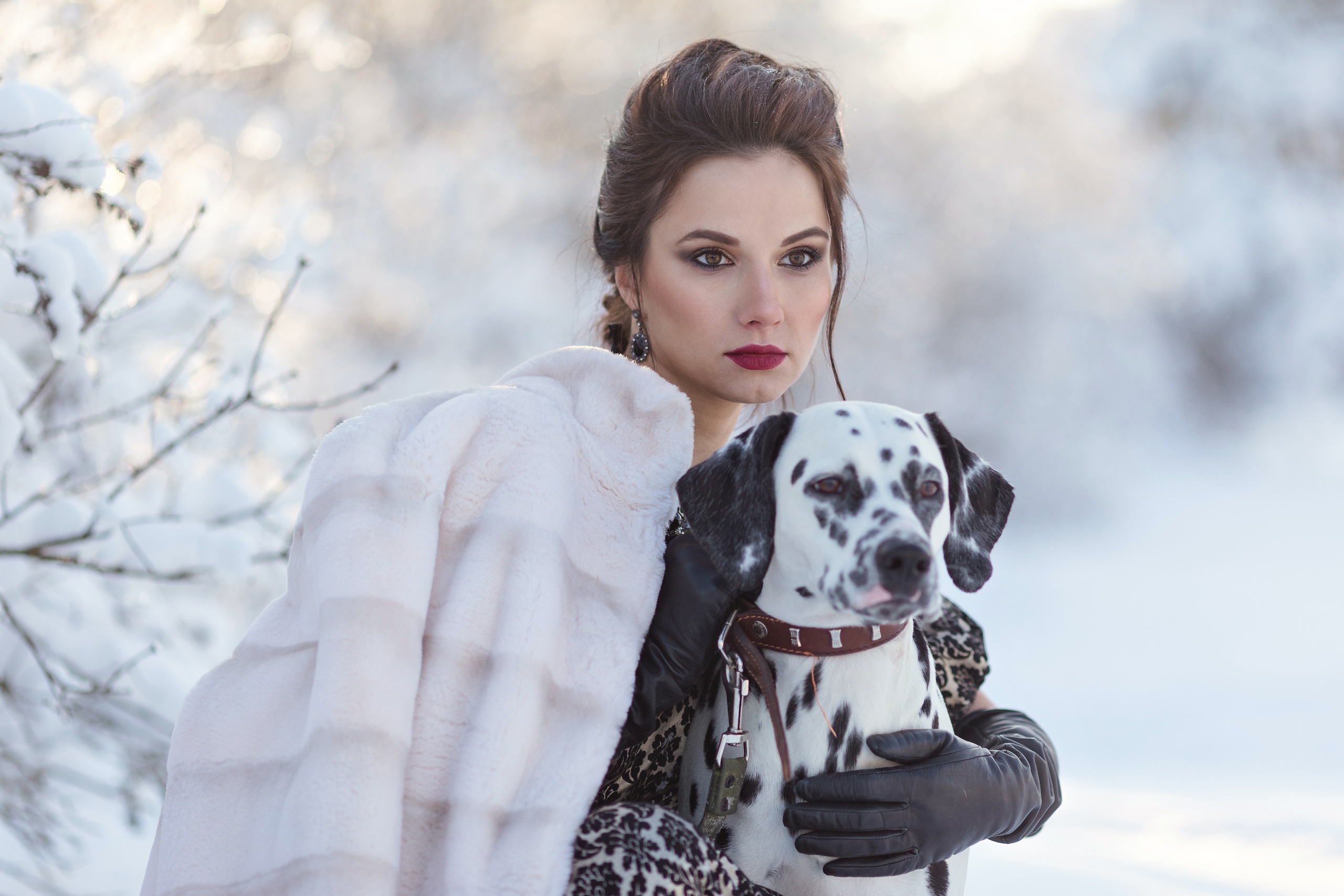 Brunette Dalmatian Depth Of Field Dog Girl Hazel Eyes Lipstick Model Woman 2560x1707