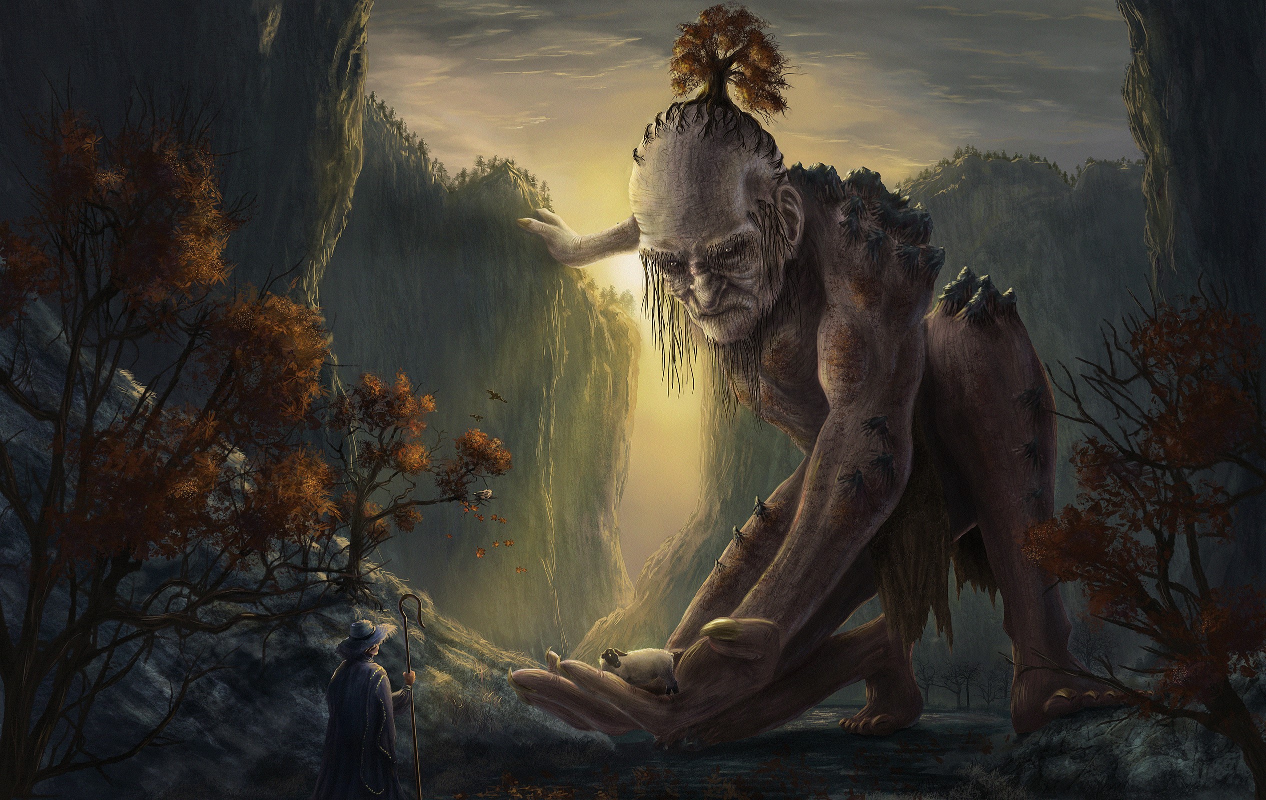 Artistic Fantasy Forest Giant Monster Mountain Woman 2531x1600