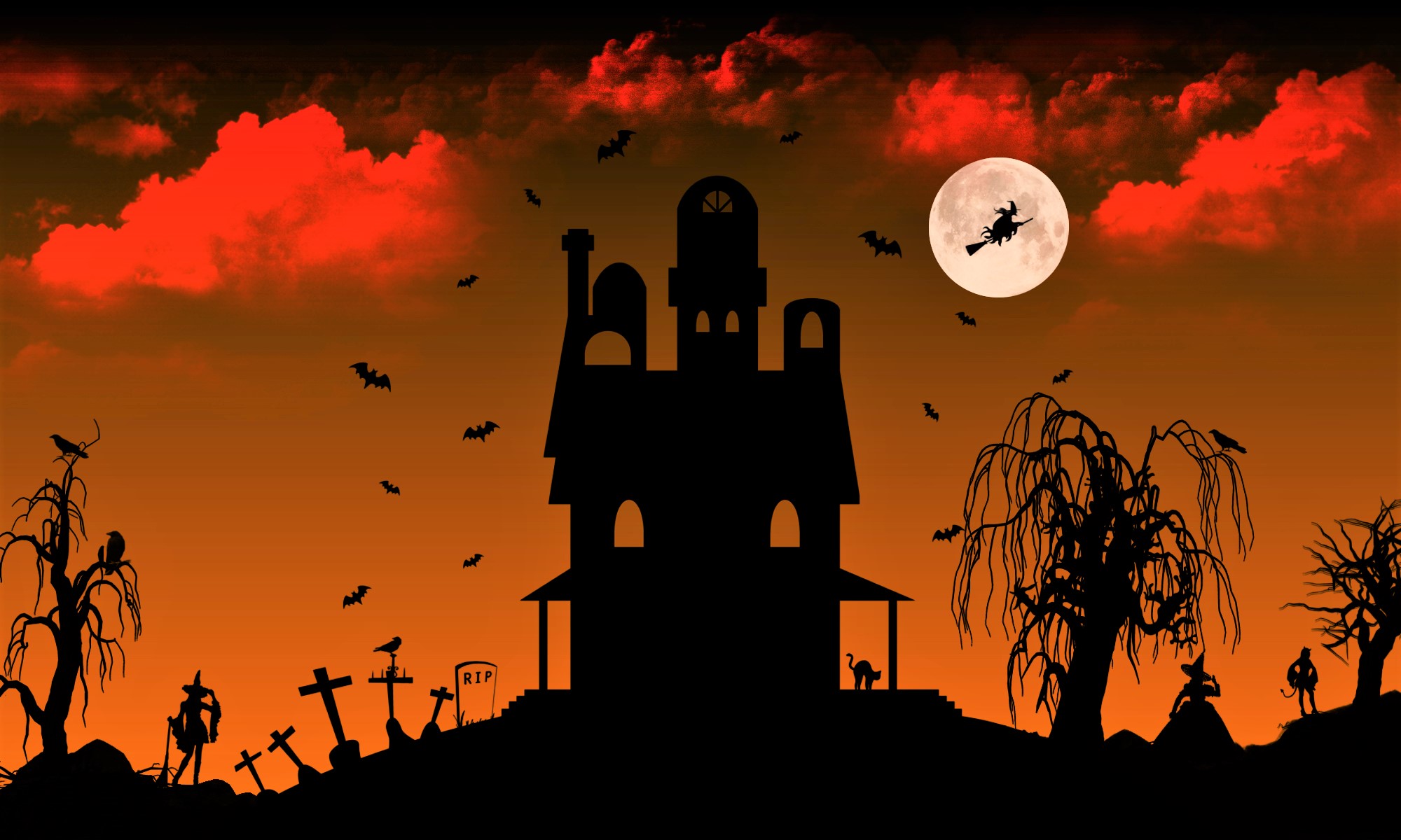 Halloween Haunted House Moon Witch 2000x1200