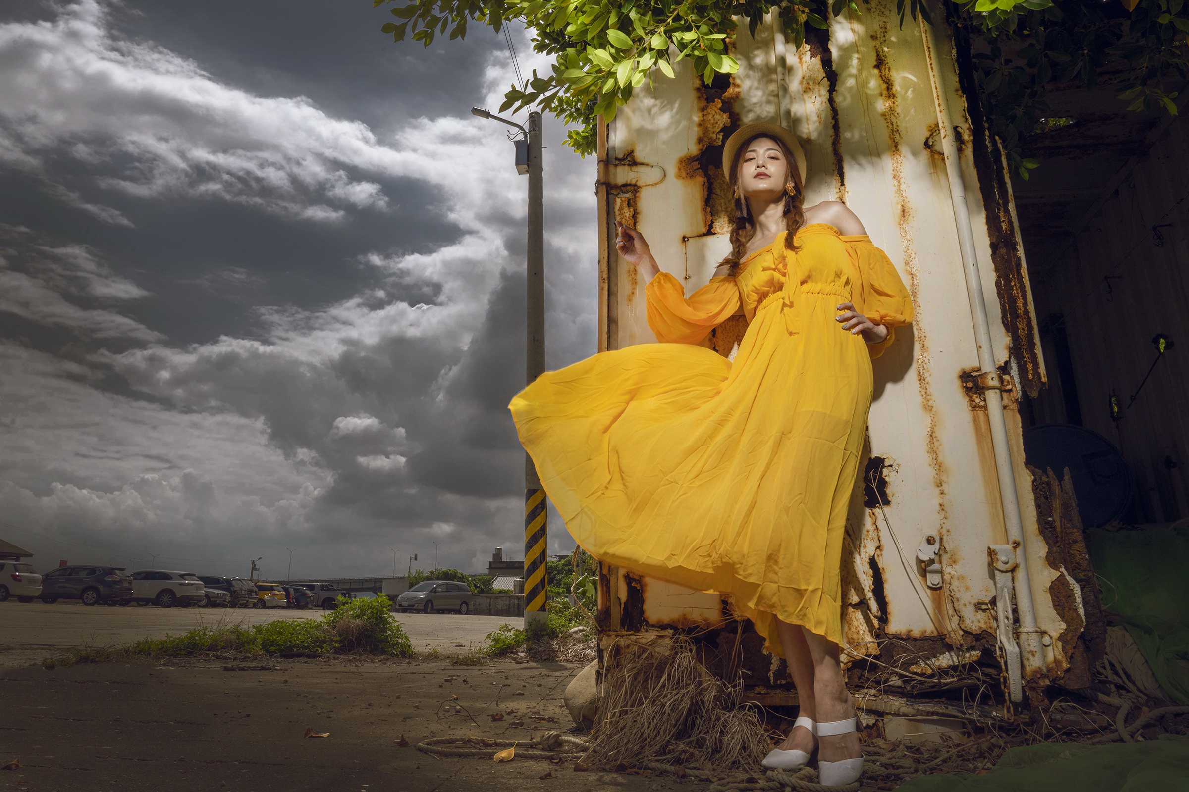 Asian Women Model Long Hair Brunette Yellow Dress Clouds Poles Container Bushes Straw Hat Shoes Lean 2400x1600