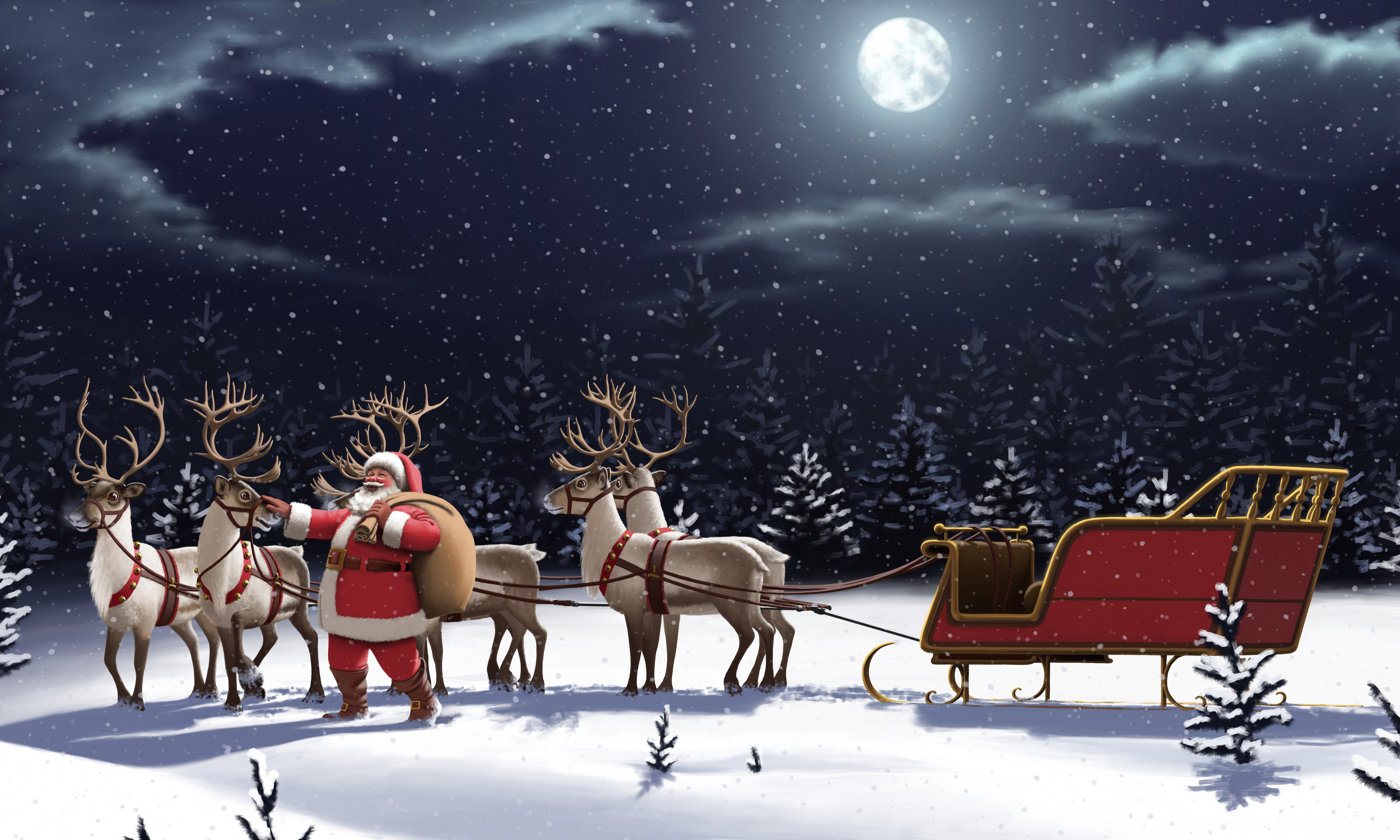 Christmas Moon Night Reindeer Santa Sleigh Snowfall 5000x3000