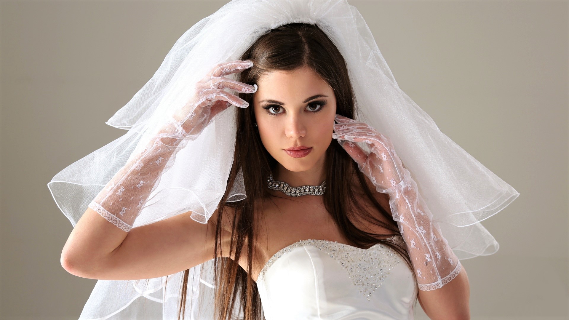Bride Brown Eyes Brunette Girl Veil Wedding Dress White Dress Woman 1920x1080