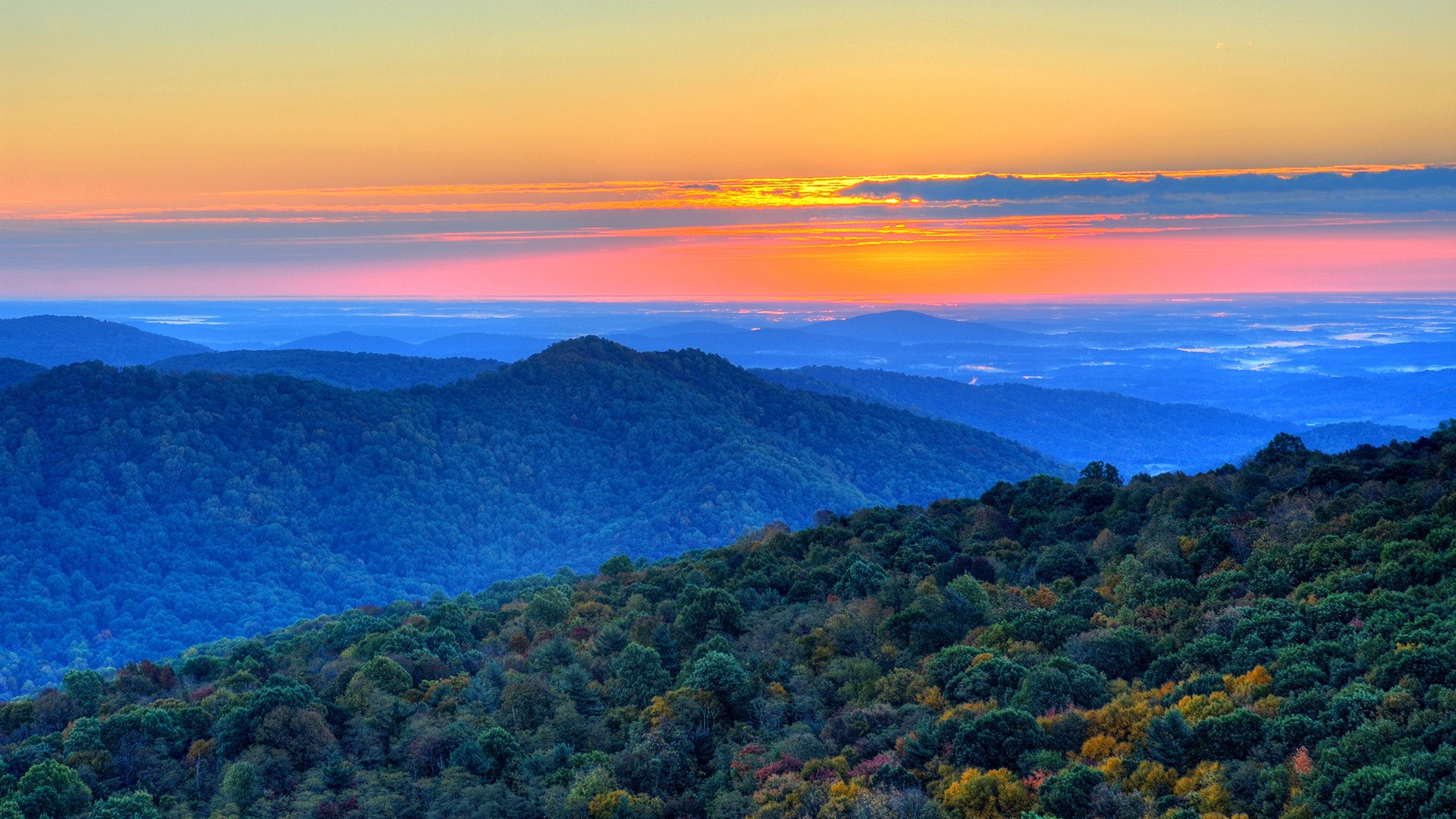 Nature Landscape Mountains Trees Forest Clouds Sky Sunset Far View Virginia USA 1920x1080