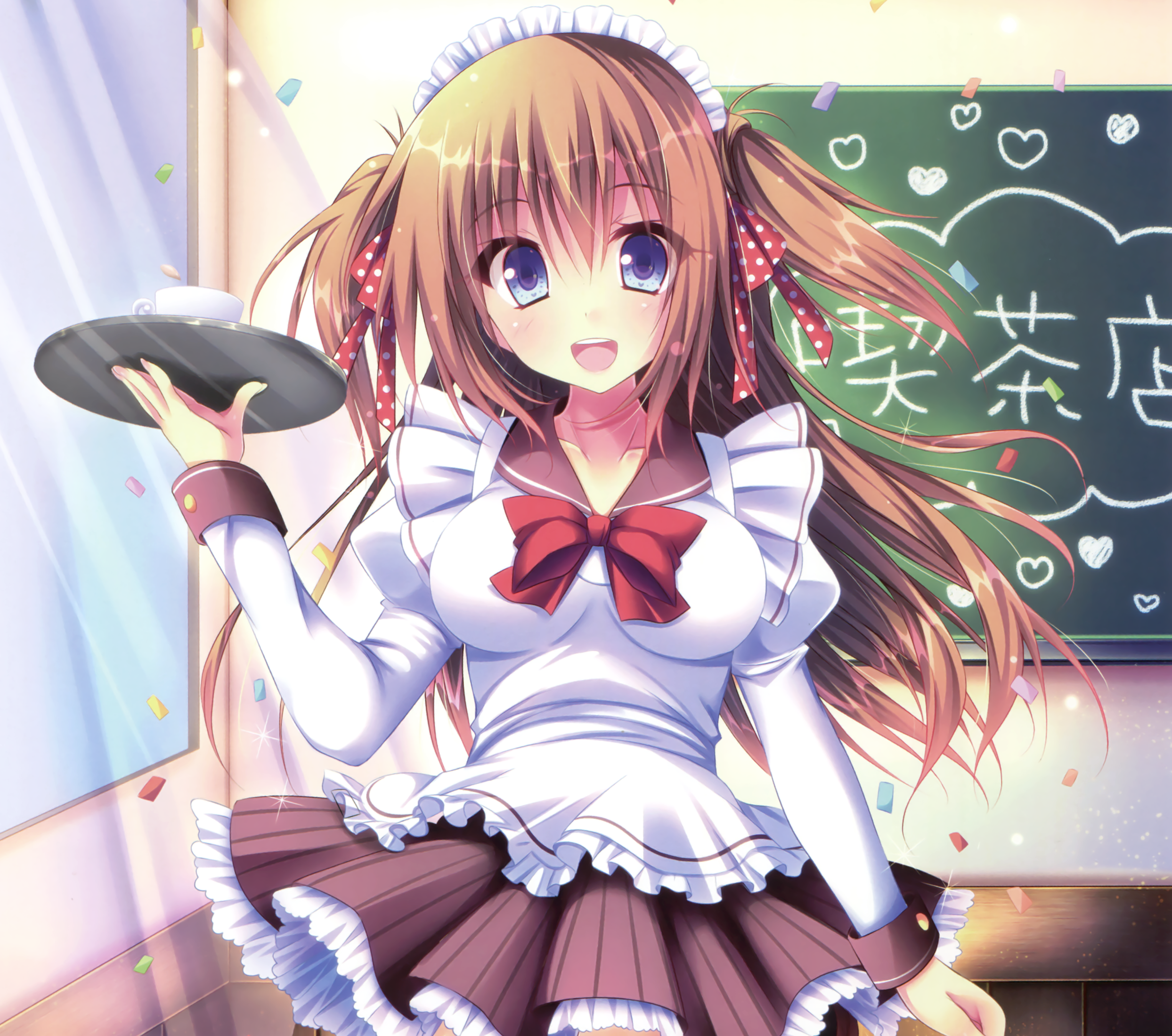 Apron Blue Eyes Brown Hair Confetti Long Hair Smile Teacup Twintails Bow Clothing 2488x2200