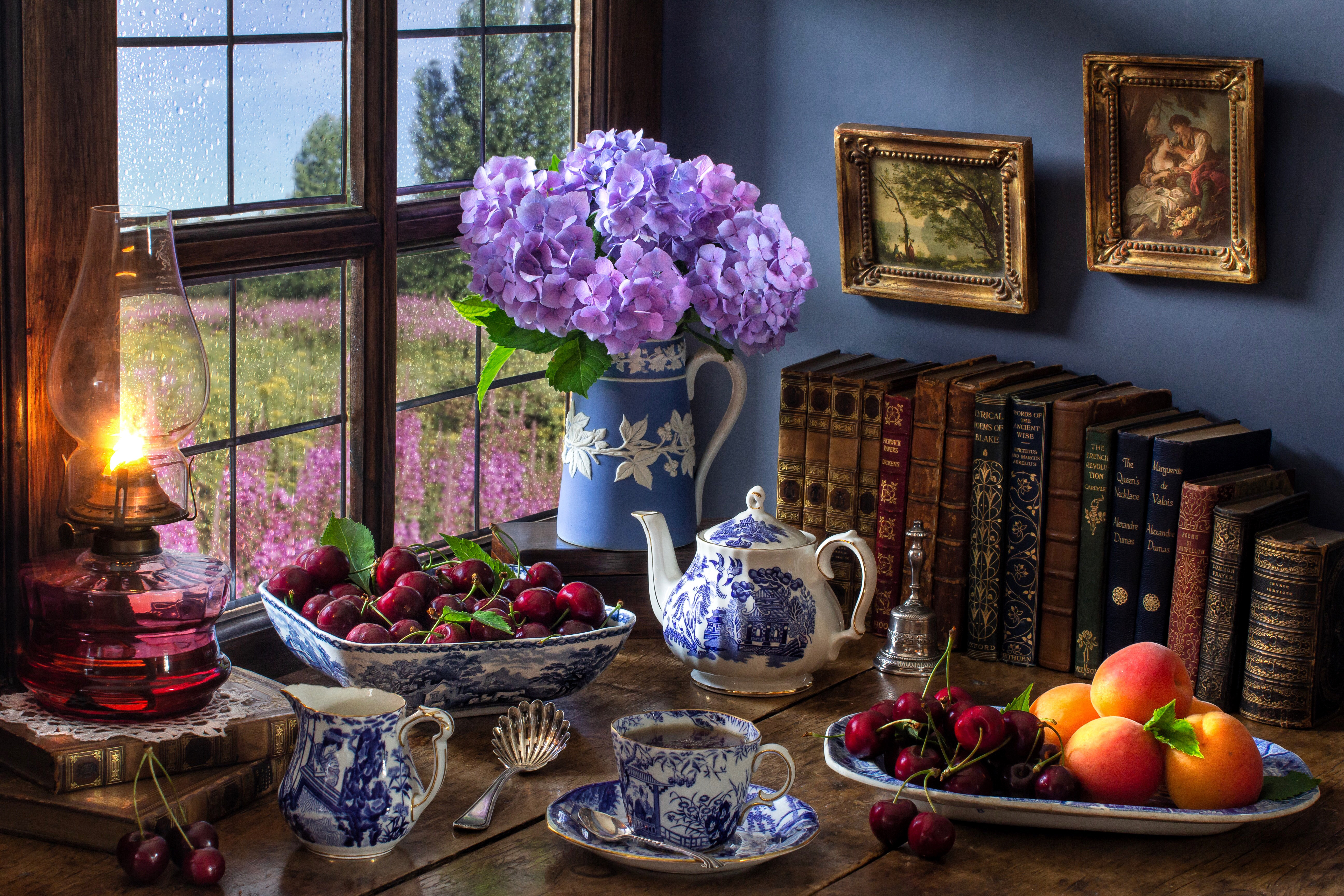 Book Bowl Fruit Hydrangea Lamp Pitcher Still Life Tea 5184x3456