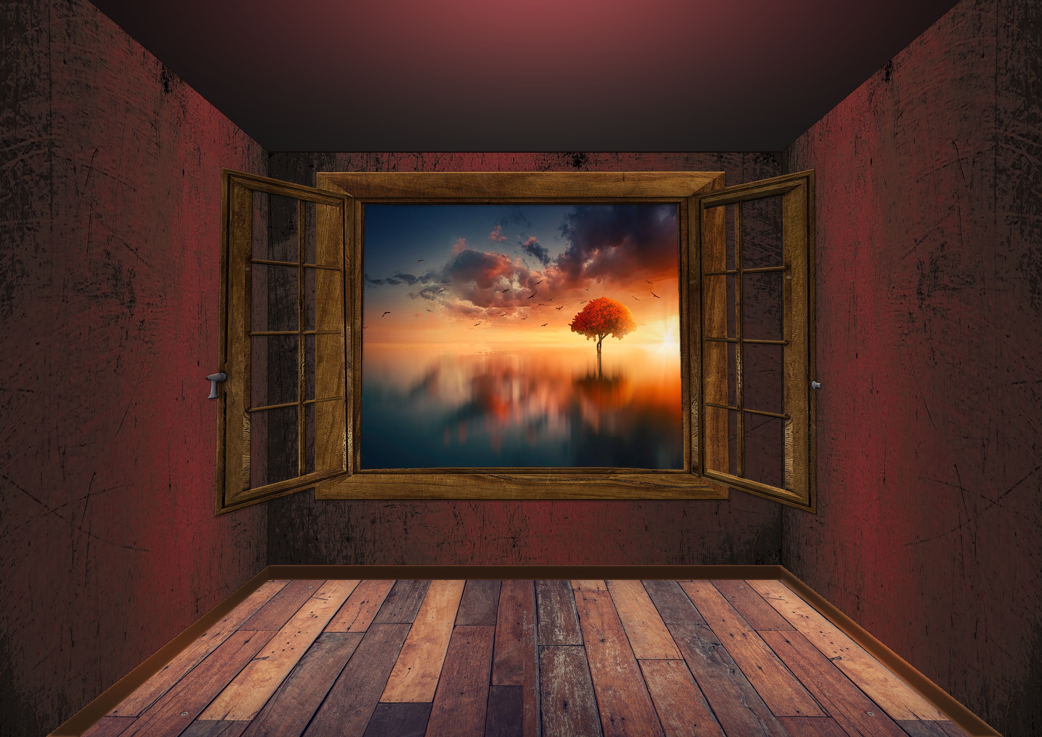 Fantasy Lake Manipulation Room Tree Window Wooden 3370x2384