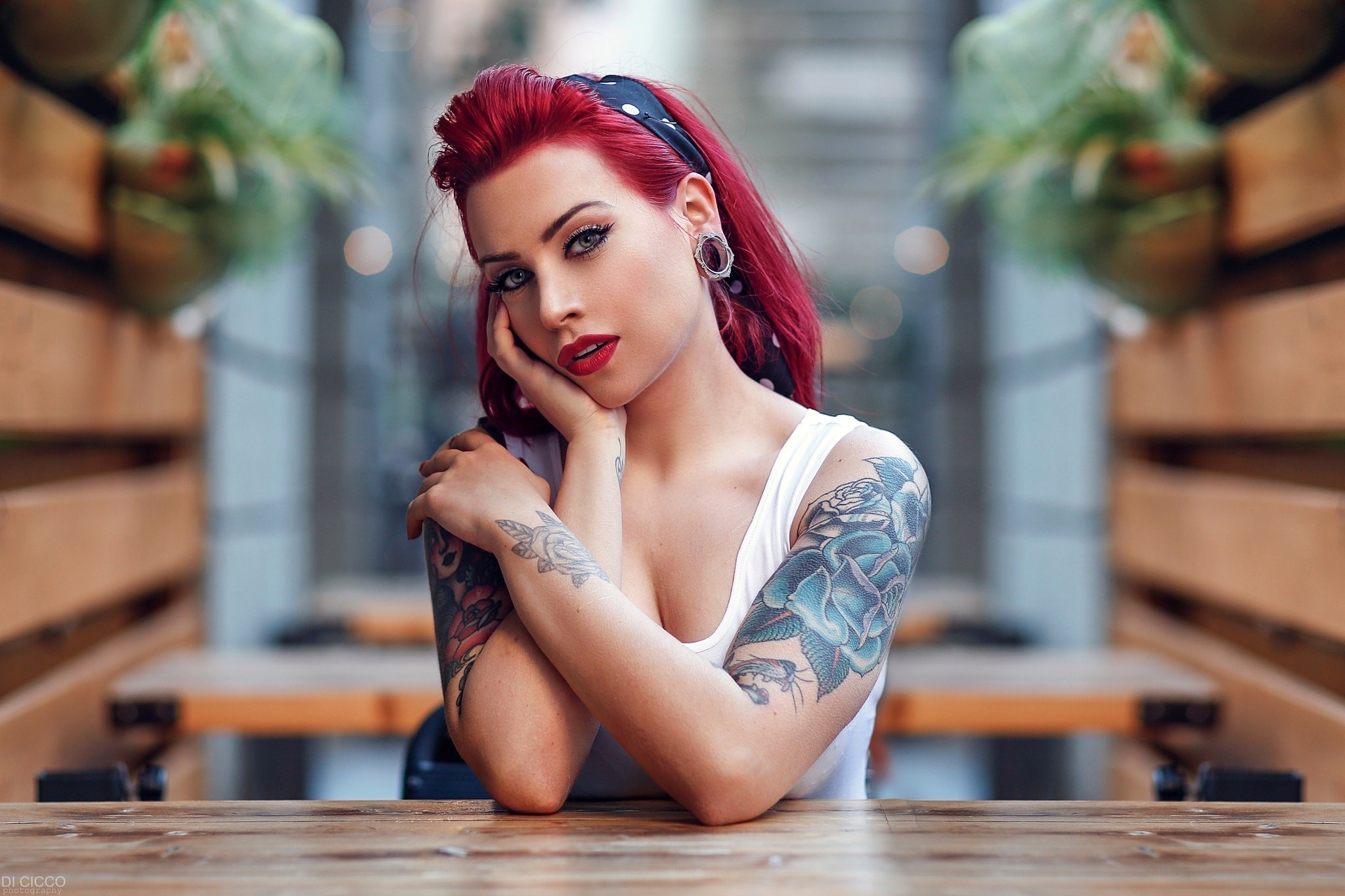 Depth Of Field Girl Lipstick Model Red Hair Tattoo Woman 2048x1365