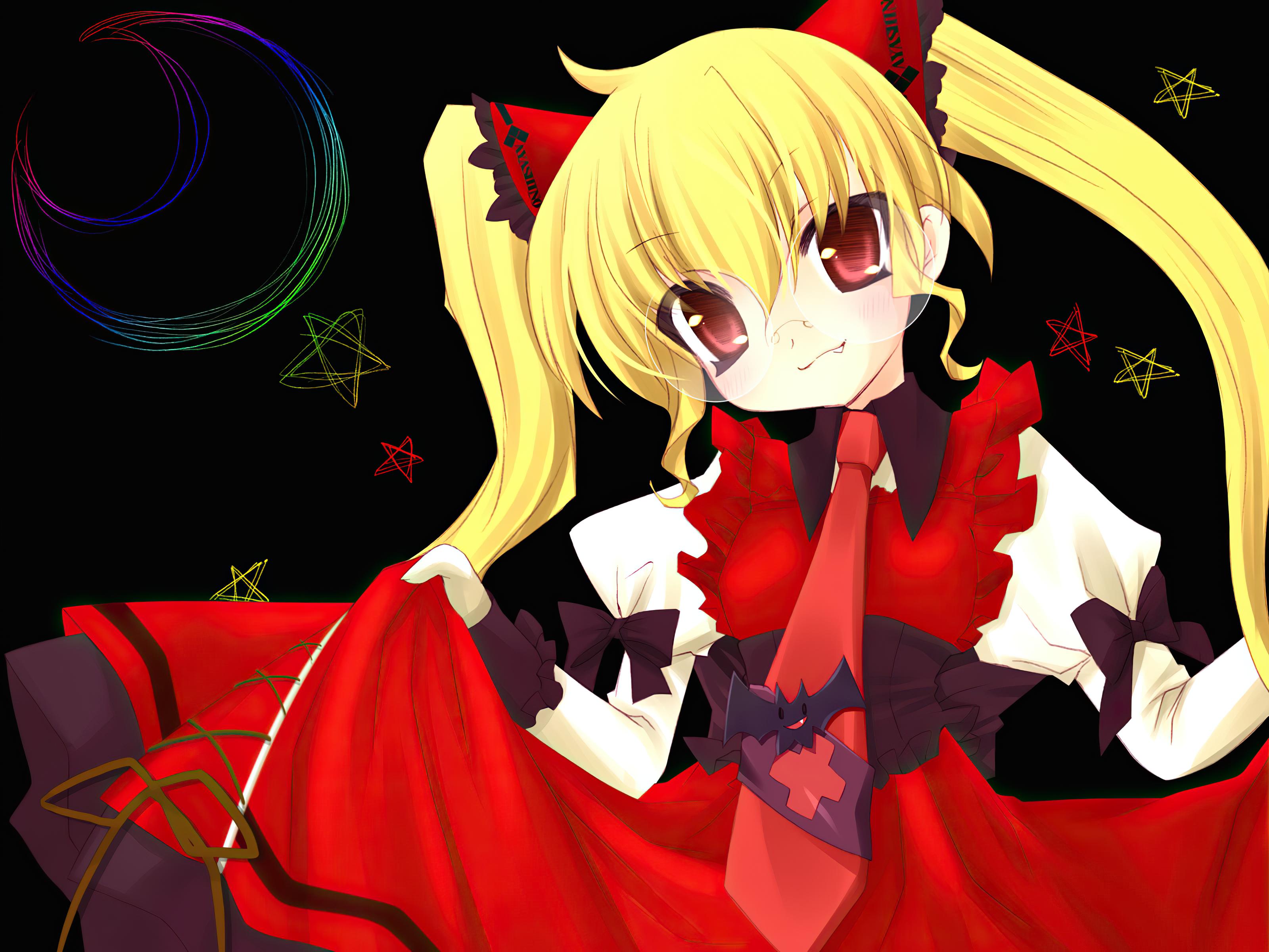 Apron Bat Blonde Glasses Red Eyes Smile Star Tie Twintails 3200x2400